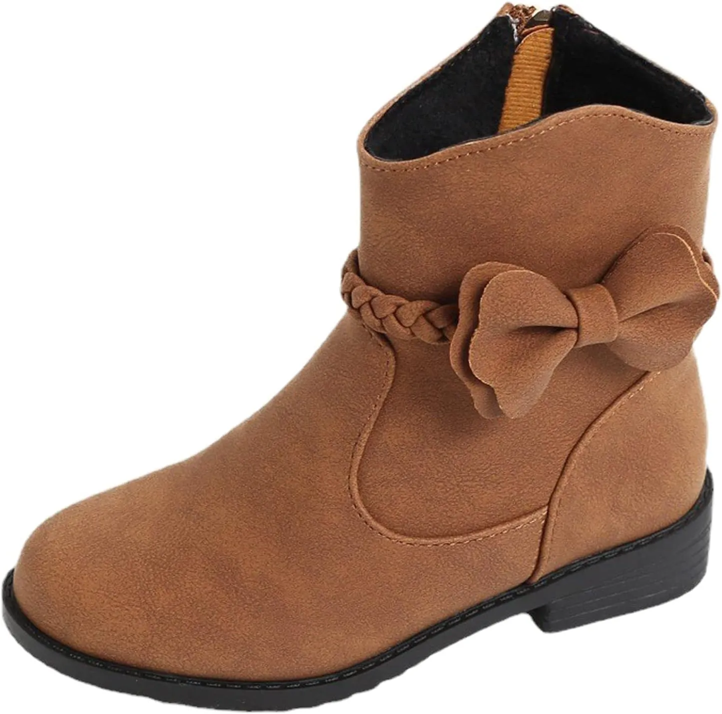 Girls Waterproof Outdoor Side Zipper Ankle Boots Bow Little Kid Low Heel Leather Western Boots Winter Booties