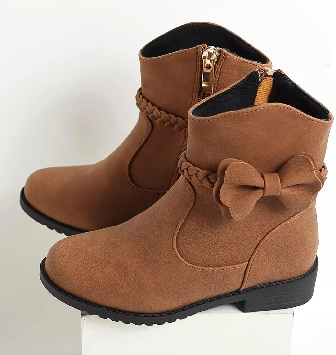 Girls Waterproof Outdoor Side Zipper Ankle Boots Bow Little Kid Low Heel Leather Western Boots Winter Booties