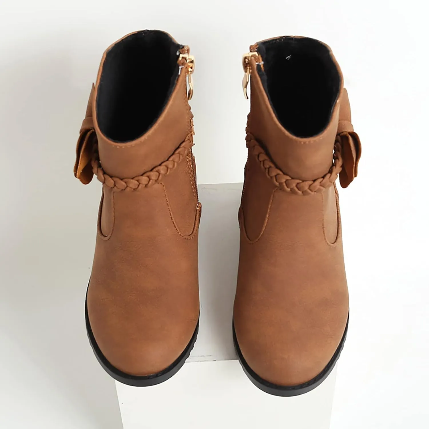 Girls Waterproof Outdoor Side Zipper Ankle Boots Bow Little Kid Low Heel Leather Western Boots Winter Booties