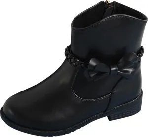 Girls Waterproof Outdoor Side Zipper Ankle Boots Bow Little Kid Low Heel Leather Western Boots Winter Booties