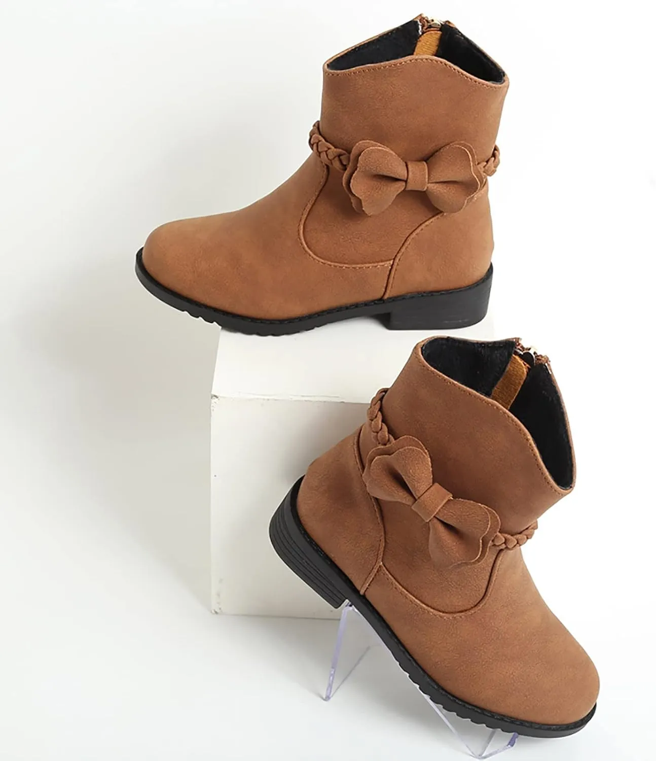 Girls Waterproof Outdoor Side Zipper Ankle Boots Bow Little Kid Low Heel Leather Western Boots Winter Booties