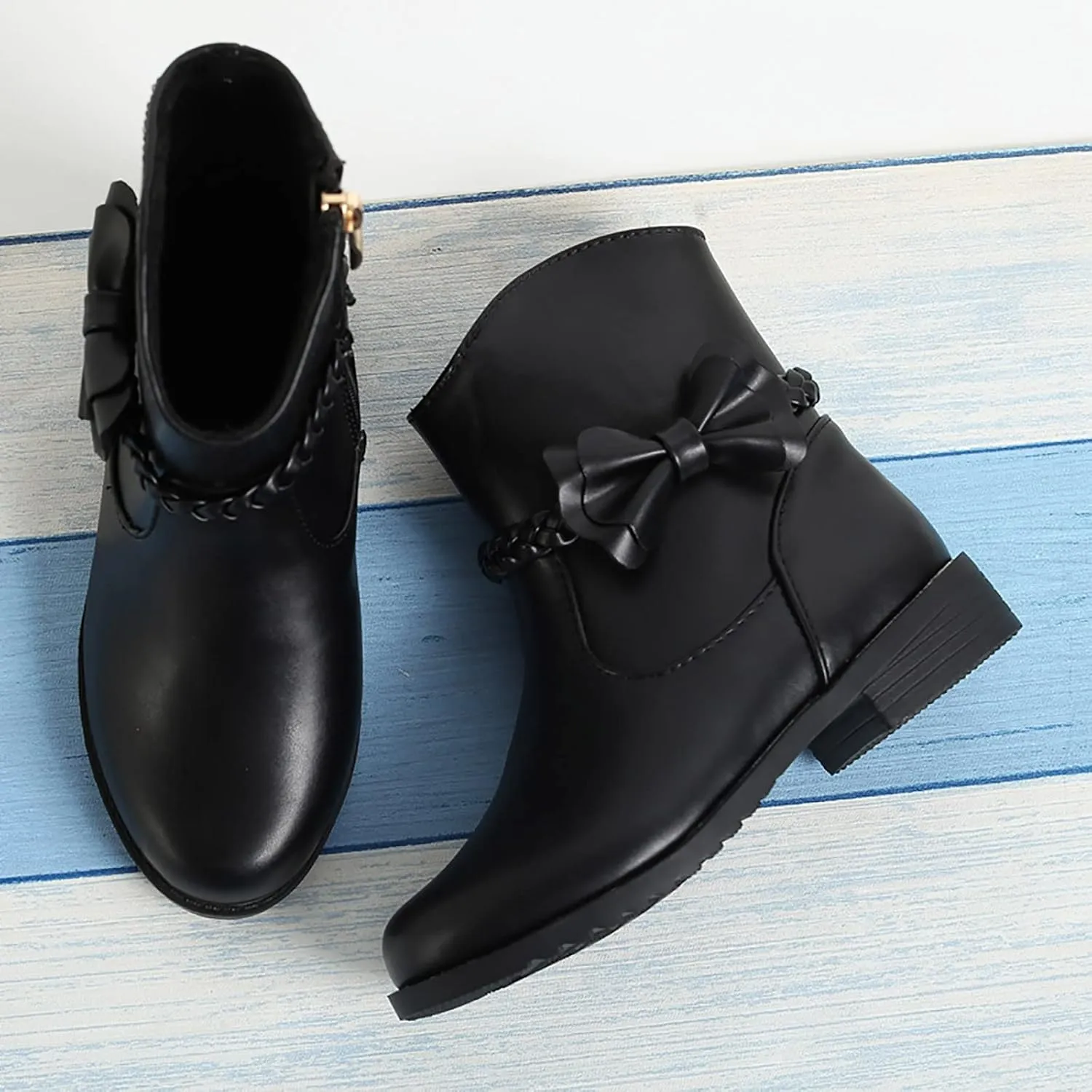 Girls Waterproof Outdoor Side Zipper Ankle Boots Bow Little Kid Low Heel Leather Western Boots Winter Booties