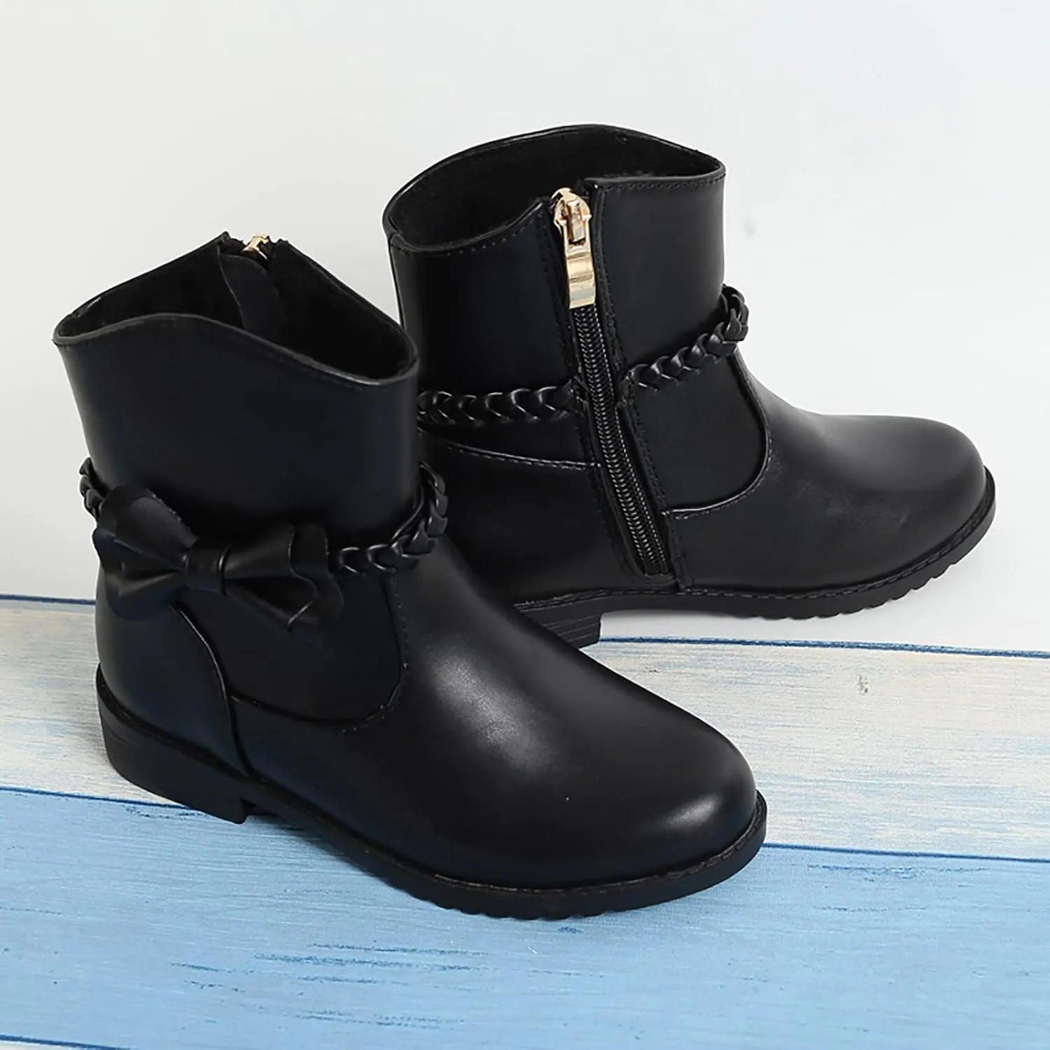 Girls Waterproof Outdoor Side Zipper Ankle Boots Bow Little Kid Low Heel Leather Western Boots Winter Booties