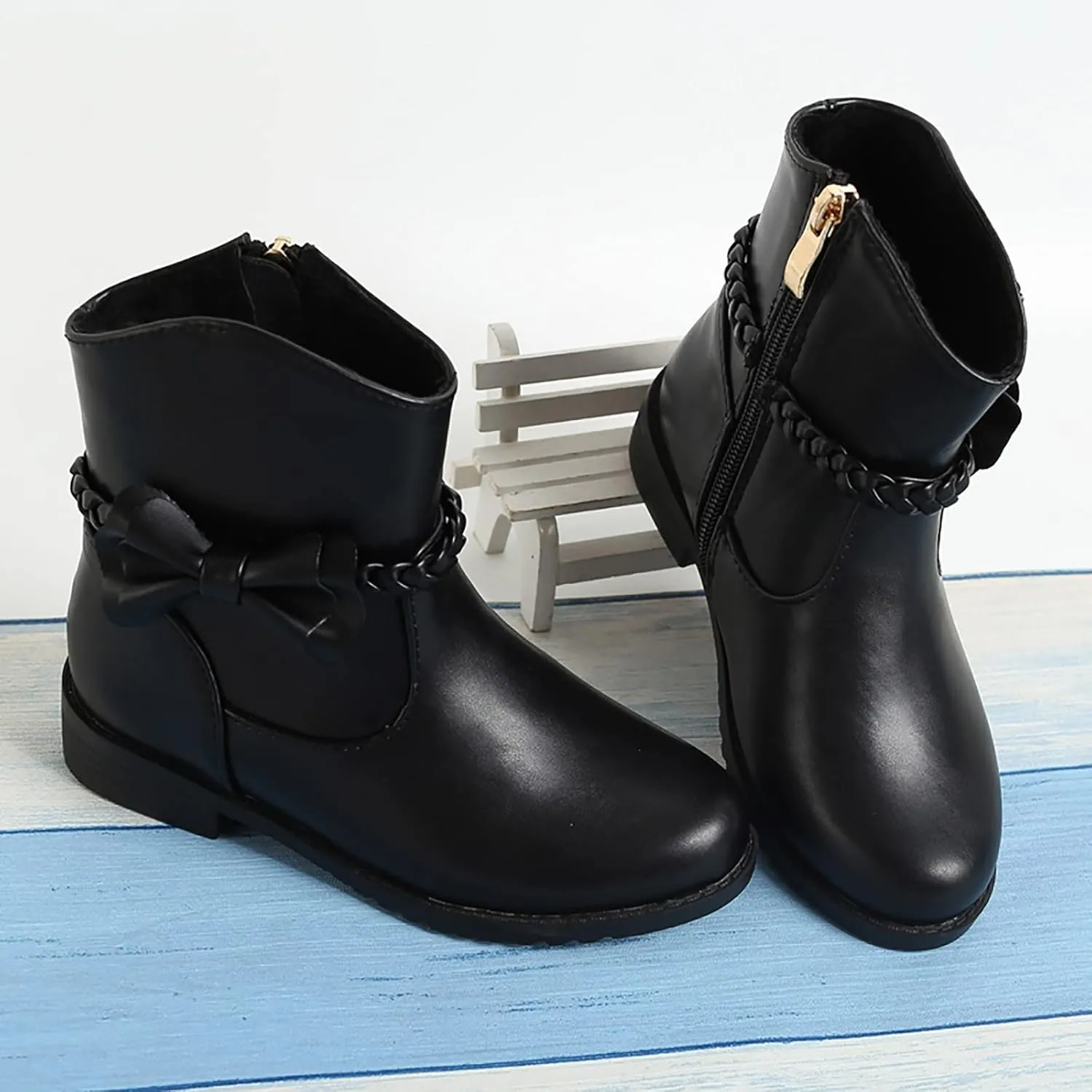 Girls Waterproof Outdoor Side Zipper Ankle Boots Bow Little Kid Low Heel Leather Western Boots Winter Booties