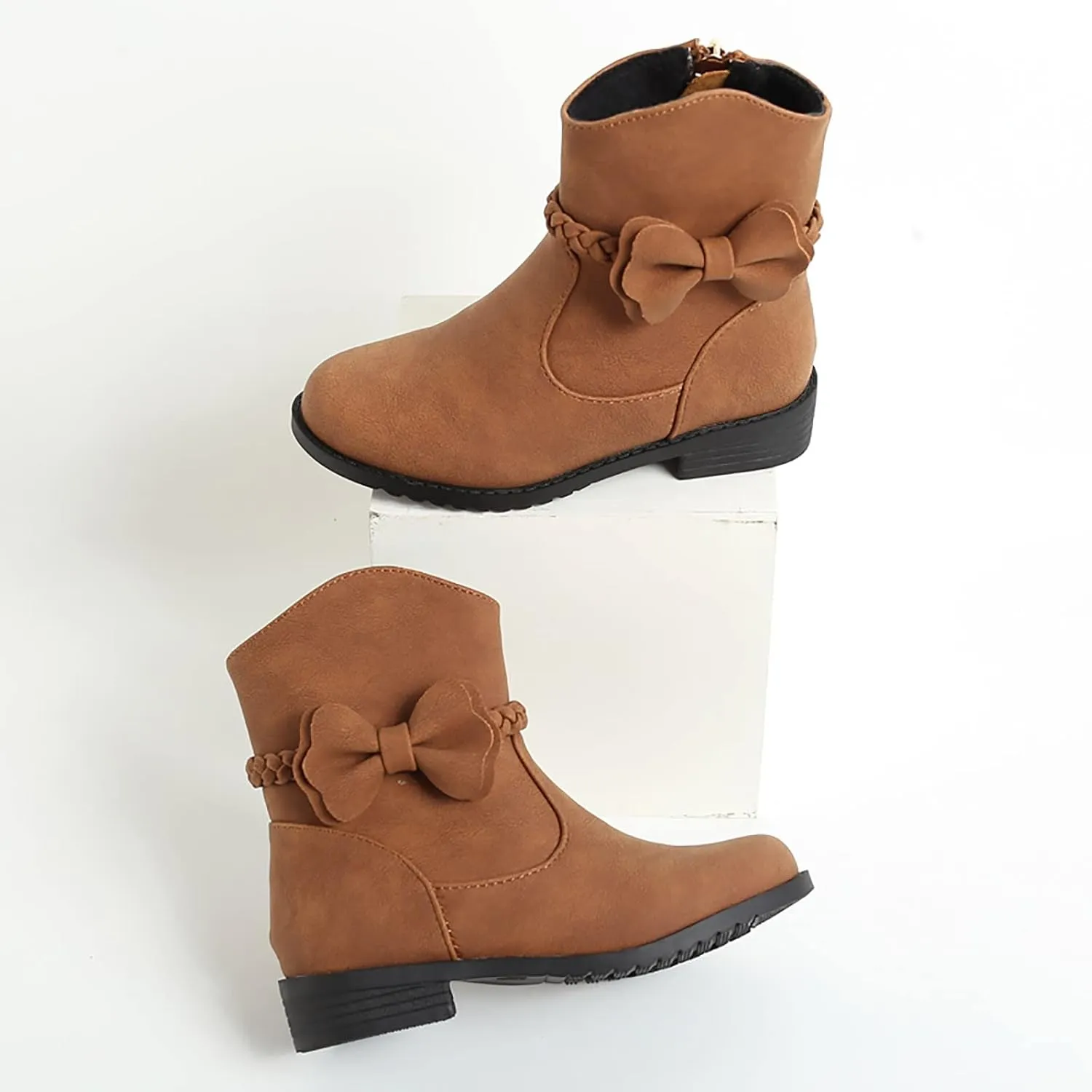 Girls Waterproof Outdoor Side Zipper Ankle Boots Bow Little Kid Low Heel Leather Western Boots Winter Booties