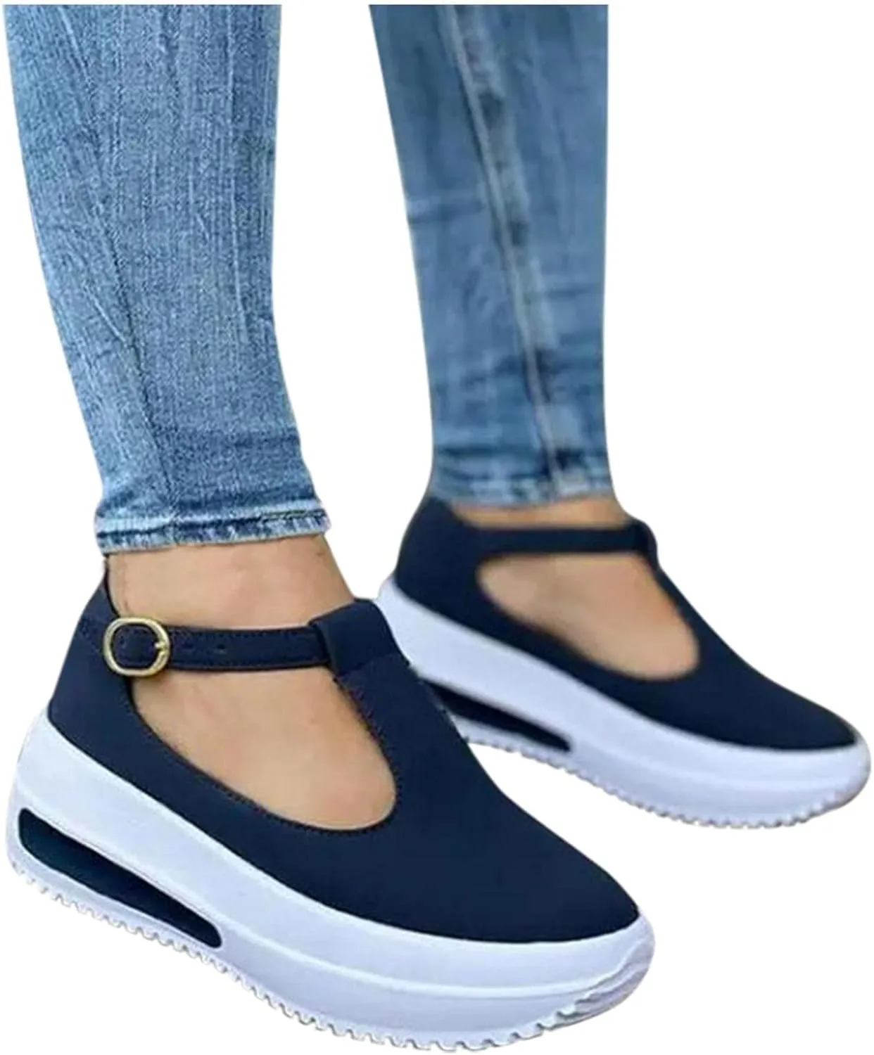 Hbeylia Platform Fashion Sneakers with Arch Support for Women Comfort Casual Chunky Bottom High Heels Slip On Loafers Low Top Walking Shoes Fall Dress Work Sandals Shoes for Ladies Blue