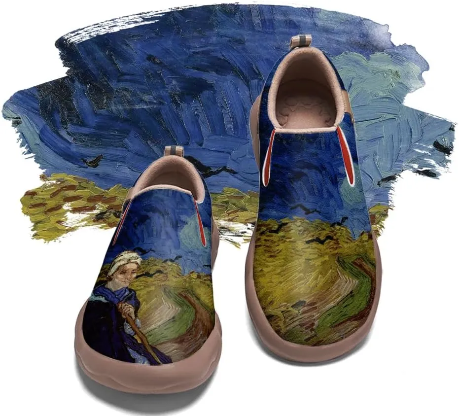 Hetios Women's Walking Travel Shoes Art Painted Casual Loafers Lightweight Comfort Slip On Microfiber Leather Sneakers