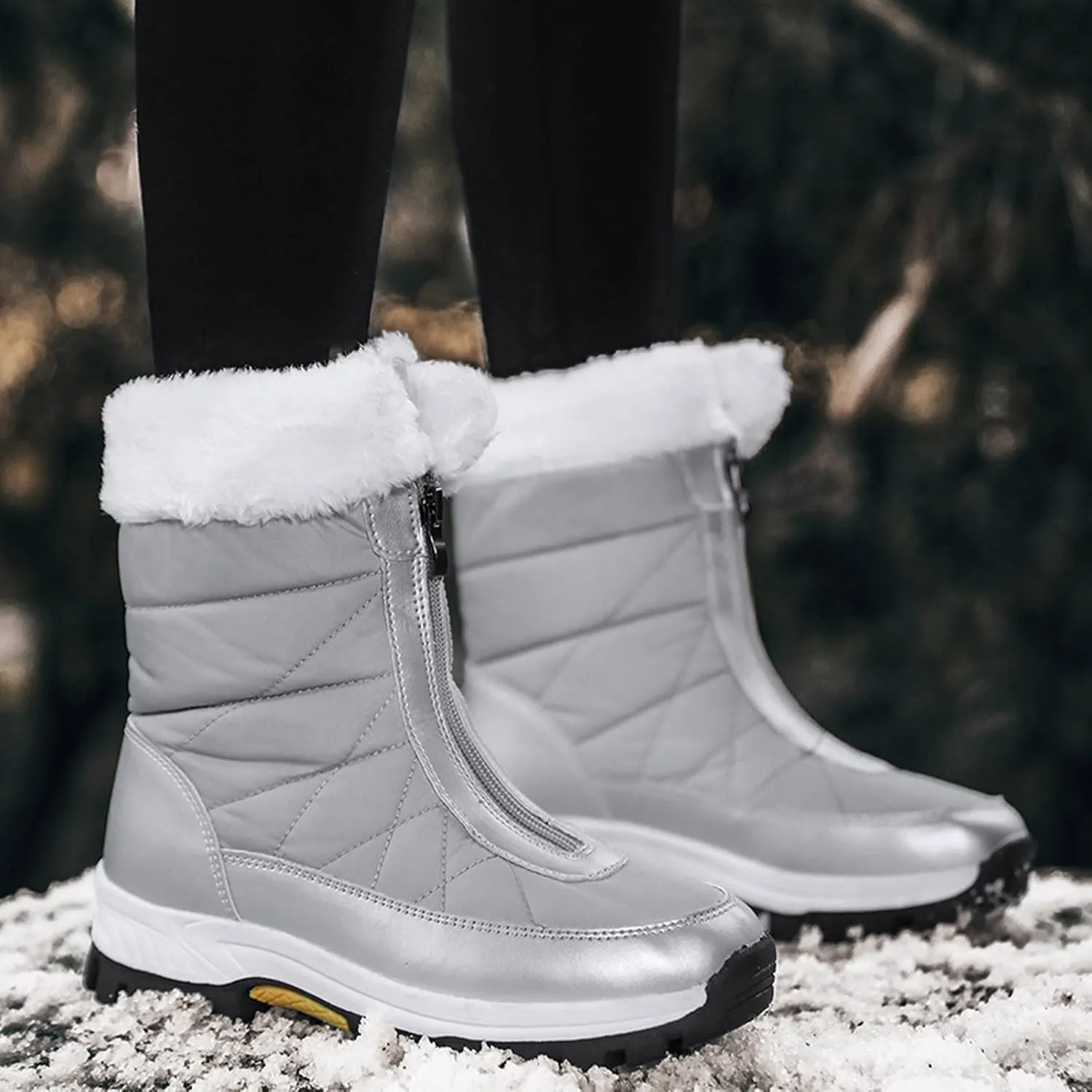 Hiking Boots Women Winter Zipper Water Proof Flat Boots Furry Keep Warm Snow Boots Comfortable Mid Boots