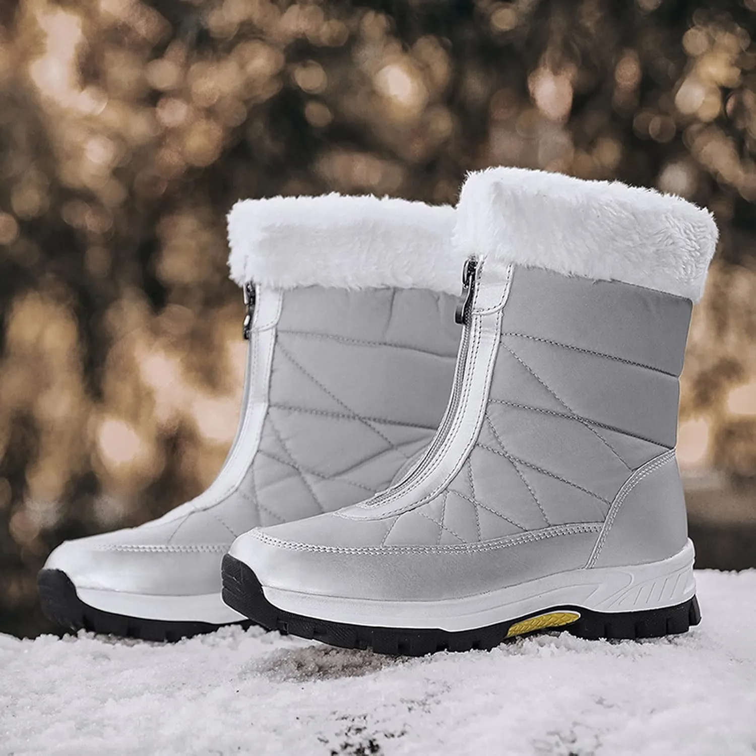 Hiking Boots Women Winter Zipper Water Proof Flat Boots Furry Keep Warm Snow Boots Comfortable Mid Boots