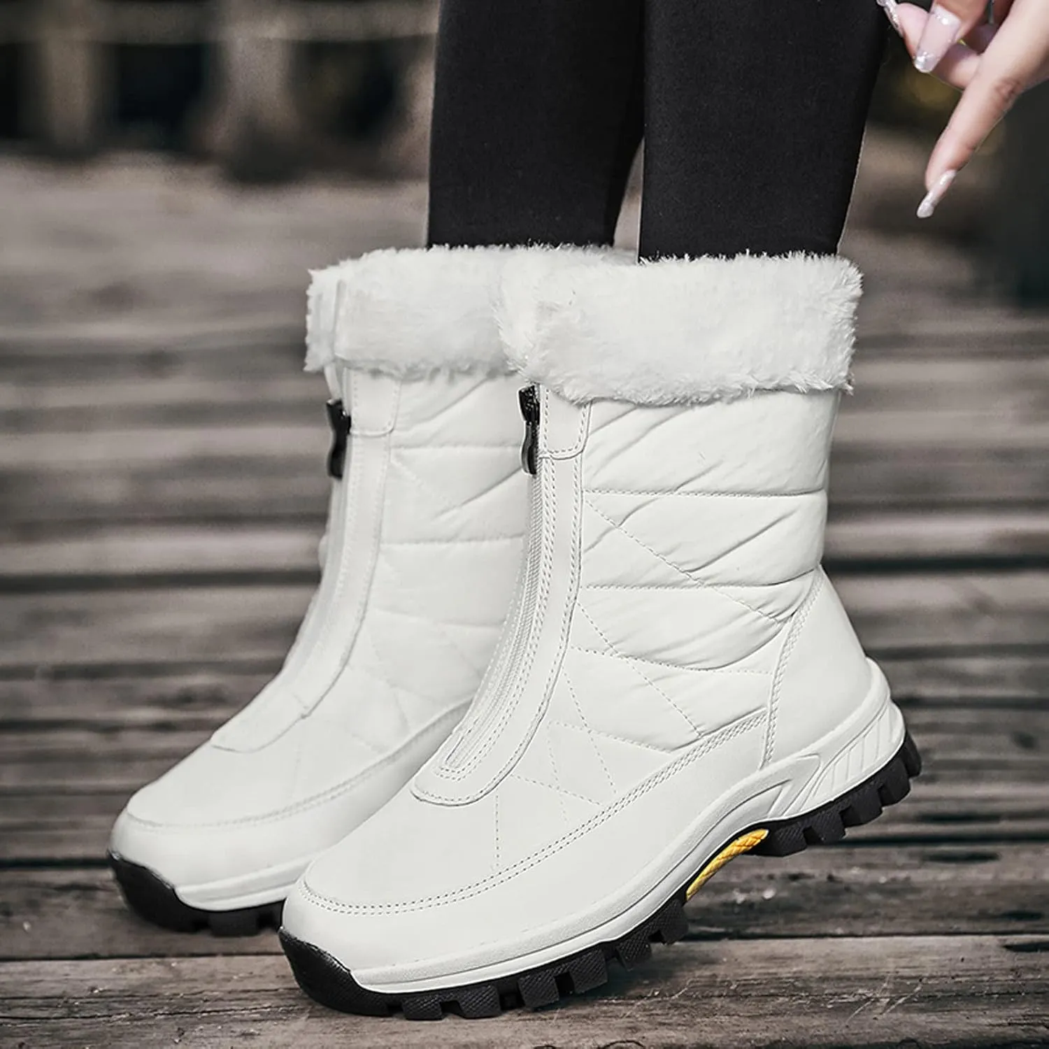 Hiking Boots Women Winter Zipper Water Proof Flat Boots Furry Keep Warm Snow Boots Comfortable Mid Boots