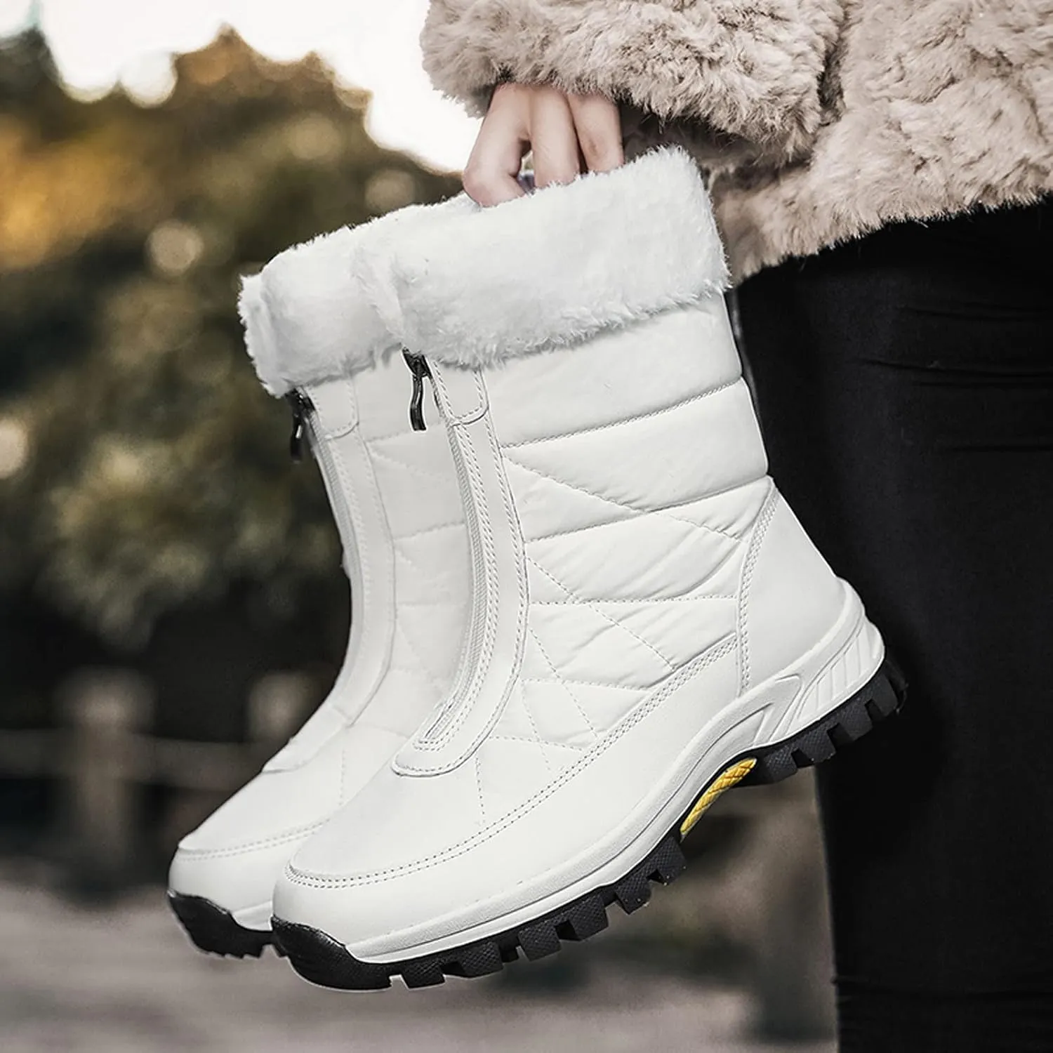 Hiking Boots Women Winter Zipper Water Proof Flat Boots Furry Keep Warm Snow Boots Comfortable Mid Boots
