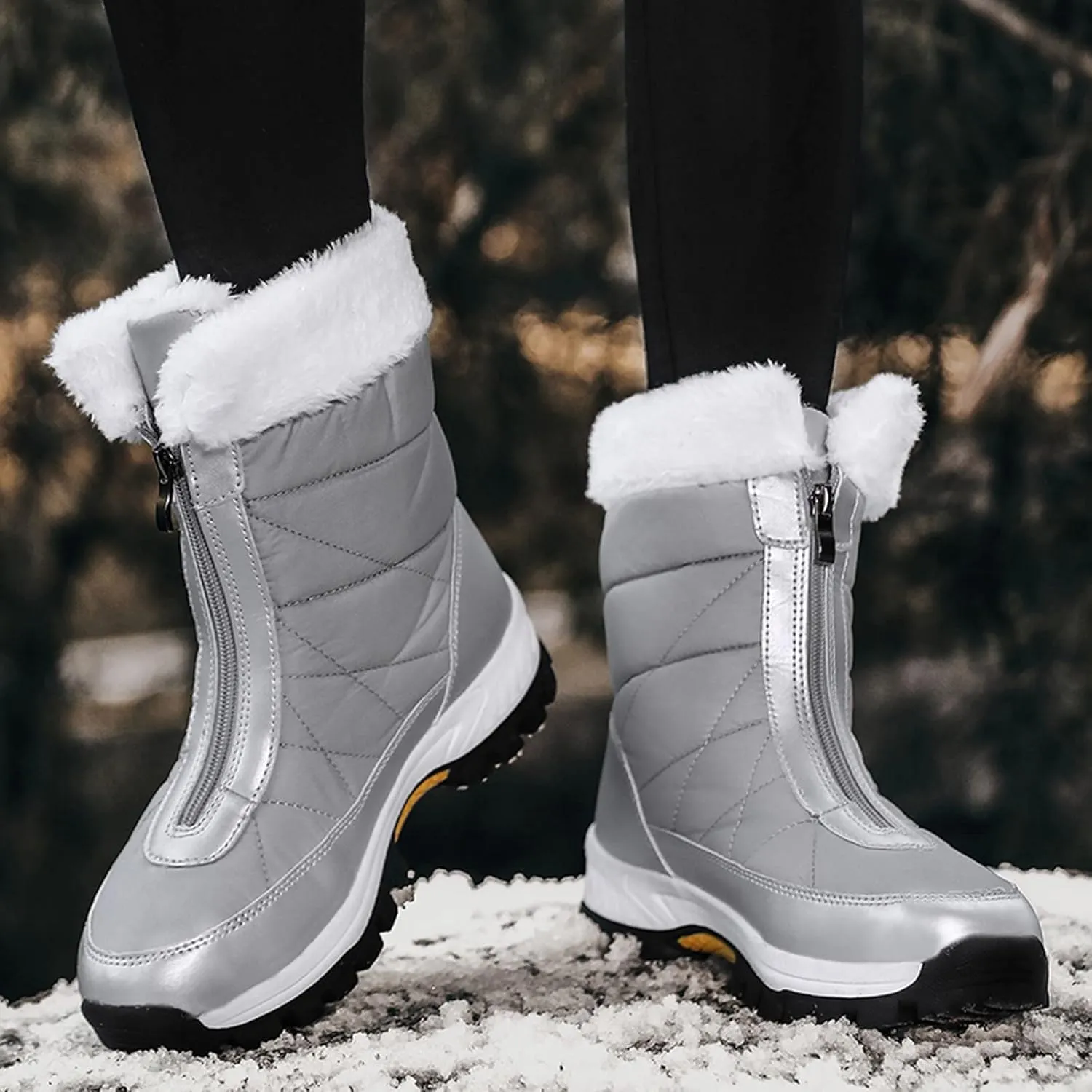 Hiking Boots Women Winter Zipper Water Proof Flat Boots Furry Keep Warm Snow Boots Comfortable Mid Boots