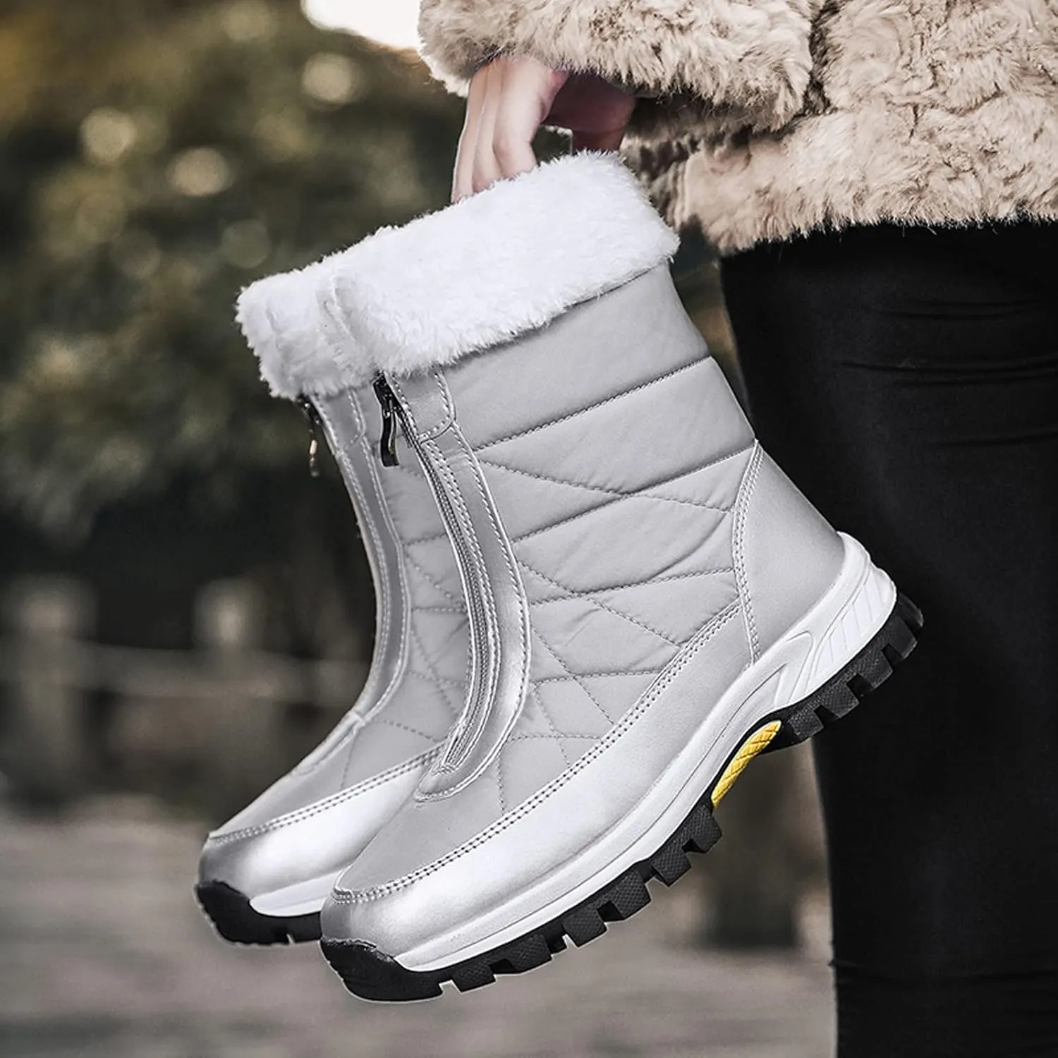 Hiking Boots Women Winter Zipper Water Proof Flat Boots Furry Keep Warm Snow Boots Comfortable Mid Boots