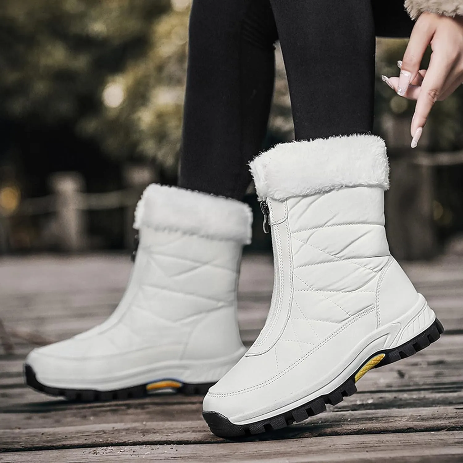 Hiking Boots Women Winter Zipper Water Proof Flat Boots Furry Keep Warm Snow Boots Comfortable Mid Boots