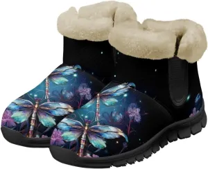 Jeiento Beauty Dragonfly Snow Boots for Women Flower Fuzzy Ankle Booties Hiking Boots Non Slip