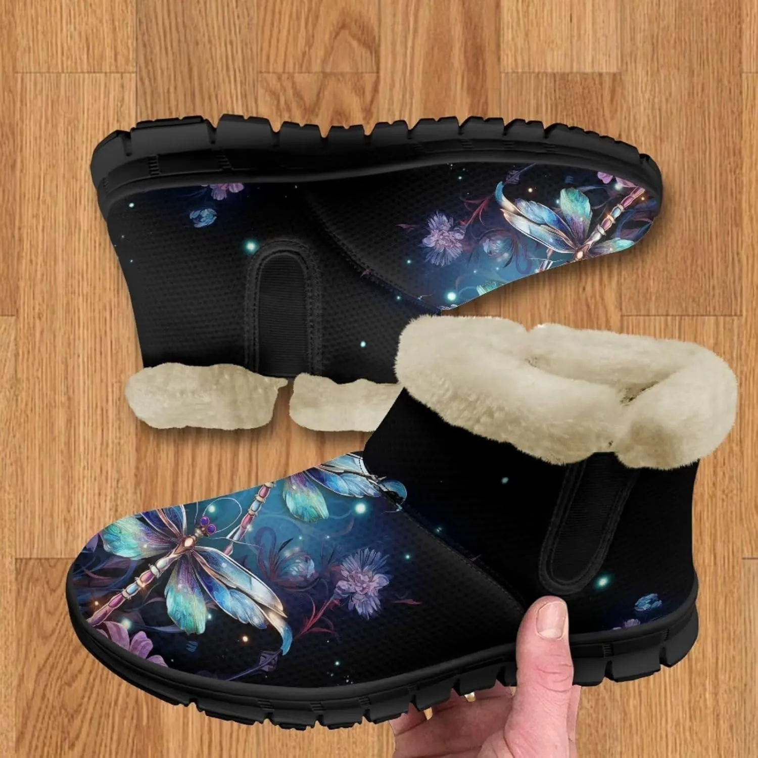 Jeiento Beauty Dragonfly Snow Boots for Women Flower Fuzzy Ankle Booties Hiking Boots Non Slip
