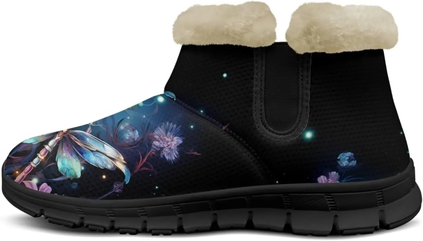 Jeiento Beauty Dragonfly Snow Boots for Women Flower Fuzzy Ankle Booties Hiking Boots Non Slip