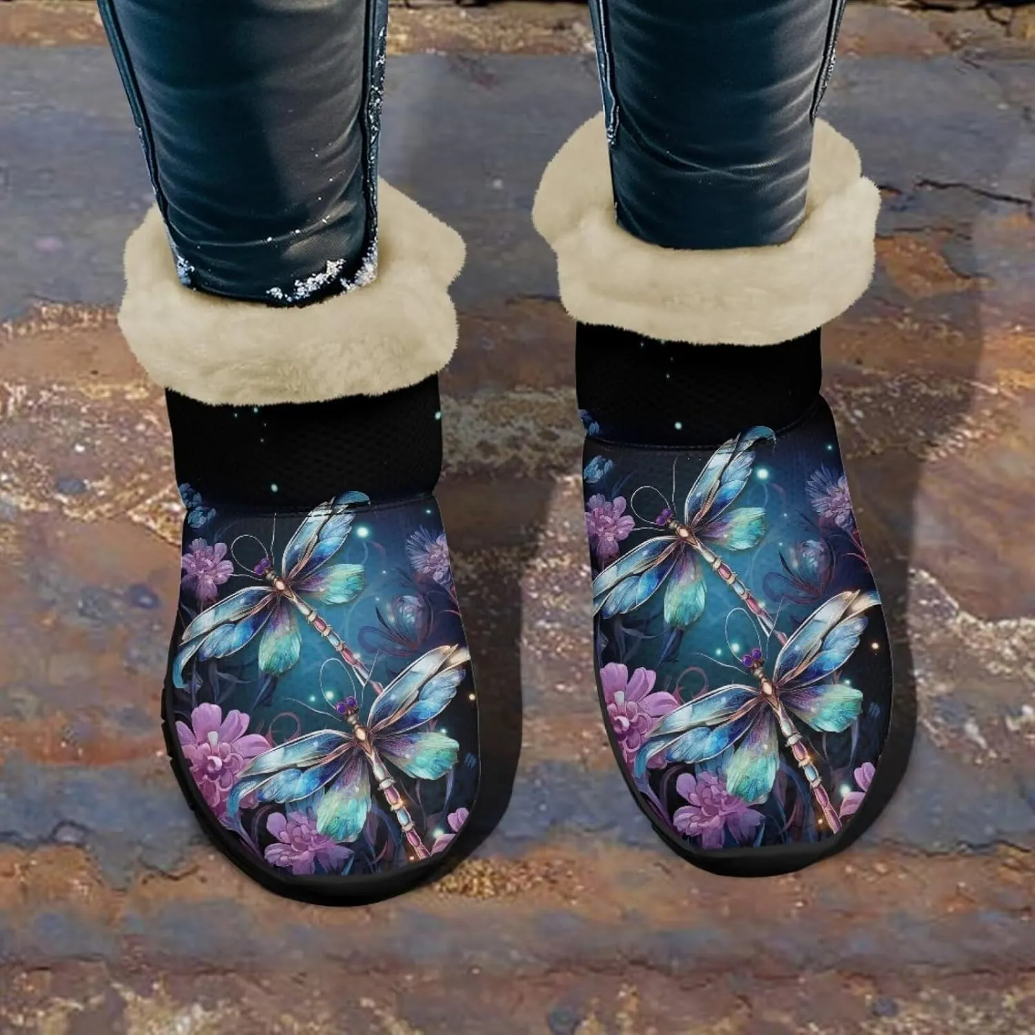 Jeiento Beauty Dragonfly Snow Boots for Women Flower Fuzzy Ankle Booties Hiking Boots Non Slip