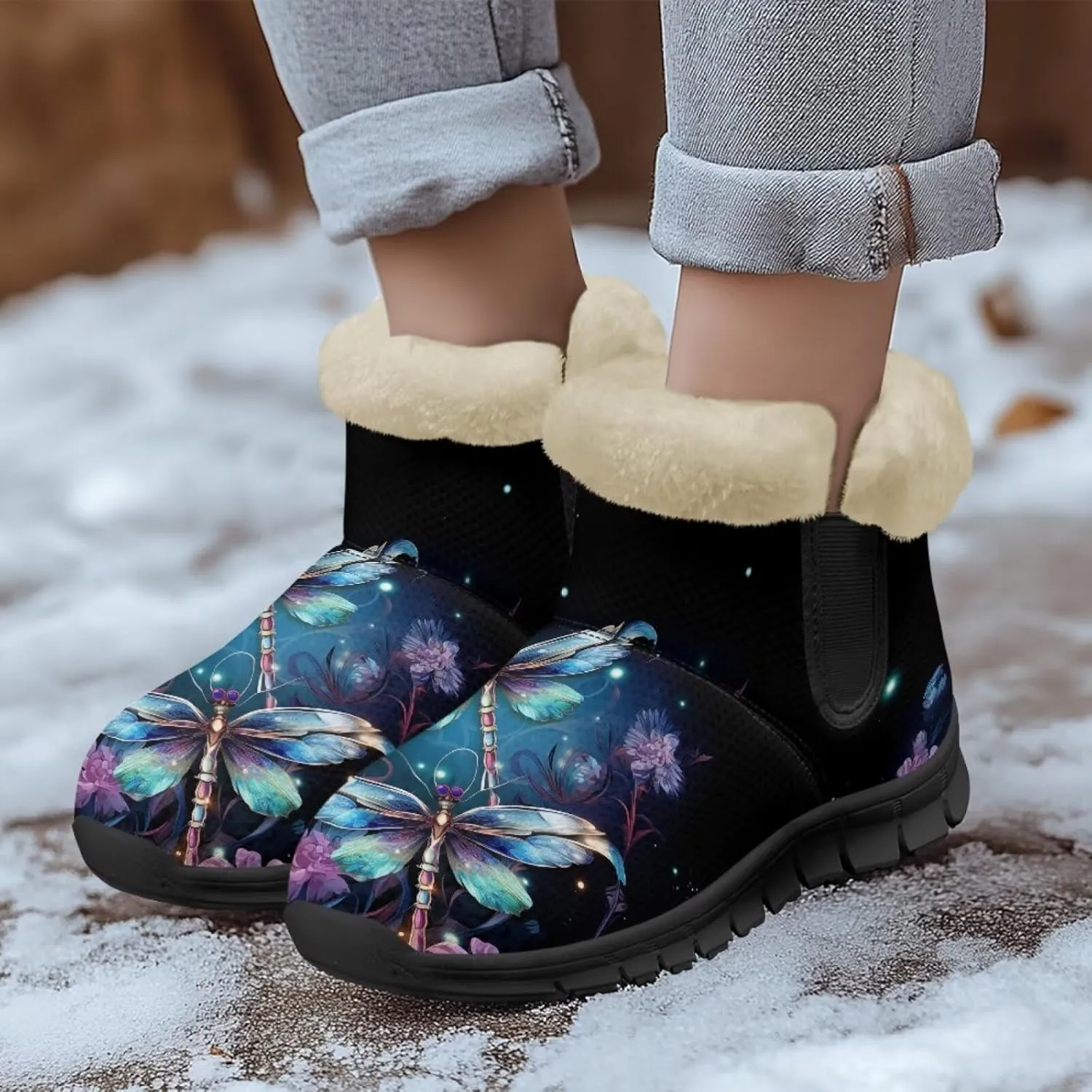 Jeiento Beauty Dragonfly Snow Boots for Women Flower Fuzzy Ankle Booties Hiking Boots Non Slip
