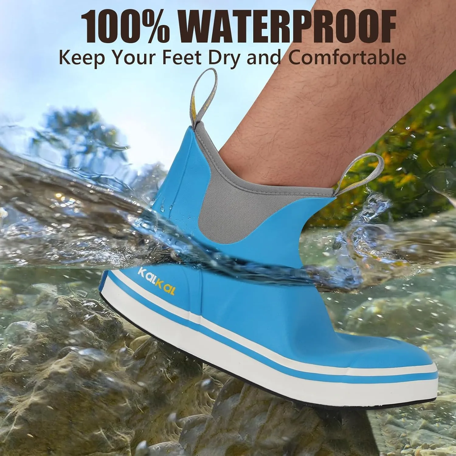Kalkal Men's Deck Boots Anti-Slip Saltwater Fishing Rain Boots with Memory Foam, Waterproof Rubber Ankle Work Boots for Sailing (Size 7-14)