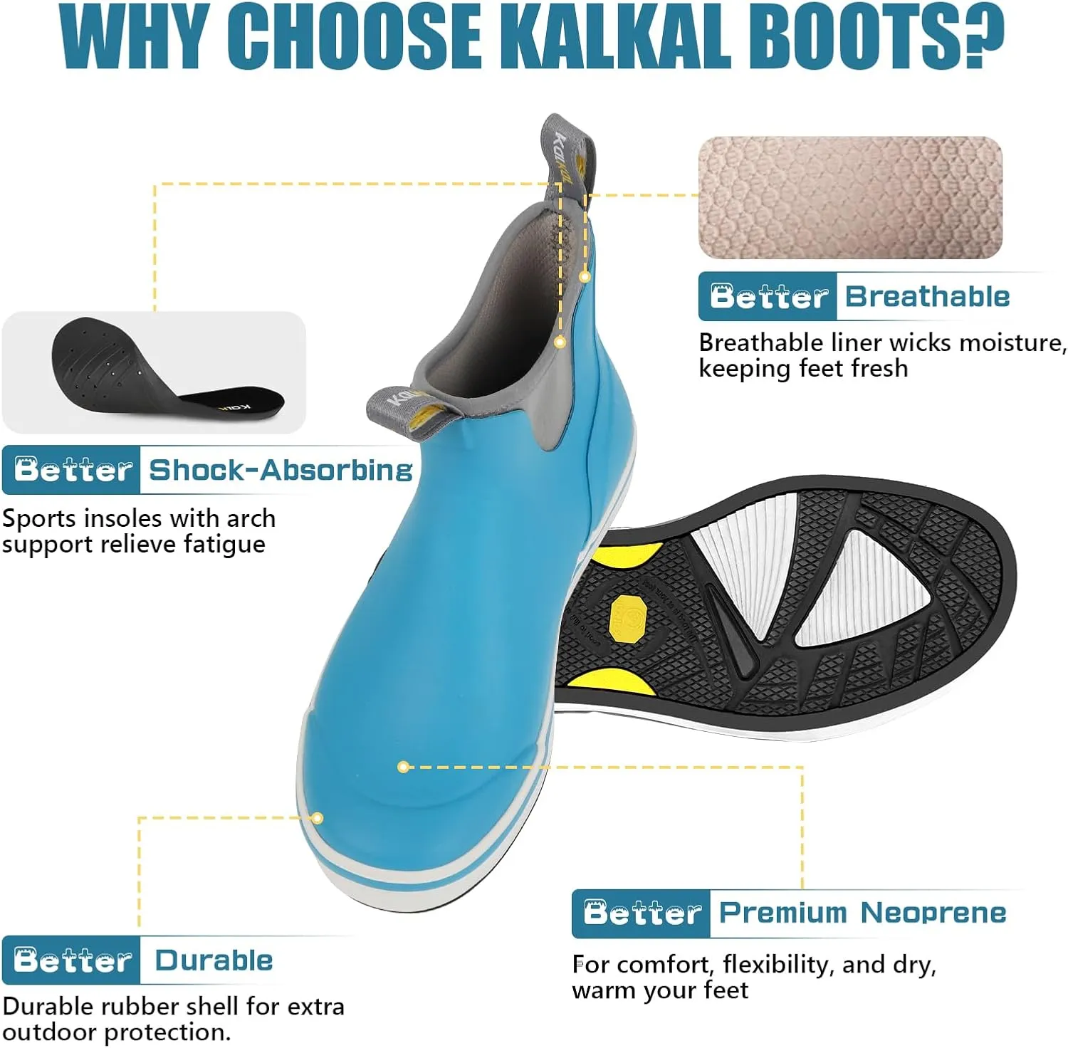 Kalkal Men's Deck Boots Anti-Slip Saltwater Fishing Rain Boots with Memory Foam, Waterproof Rubber Ankle Work Boots for Sailing (Size 7-14)