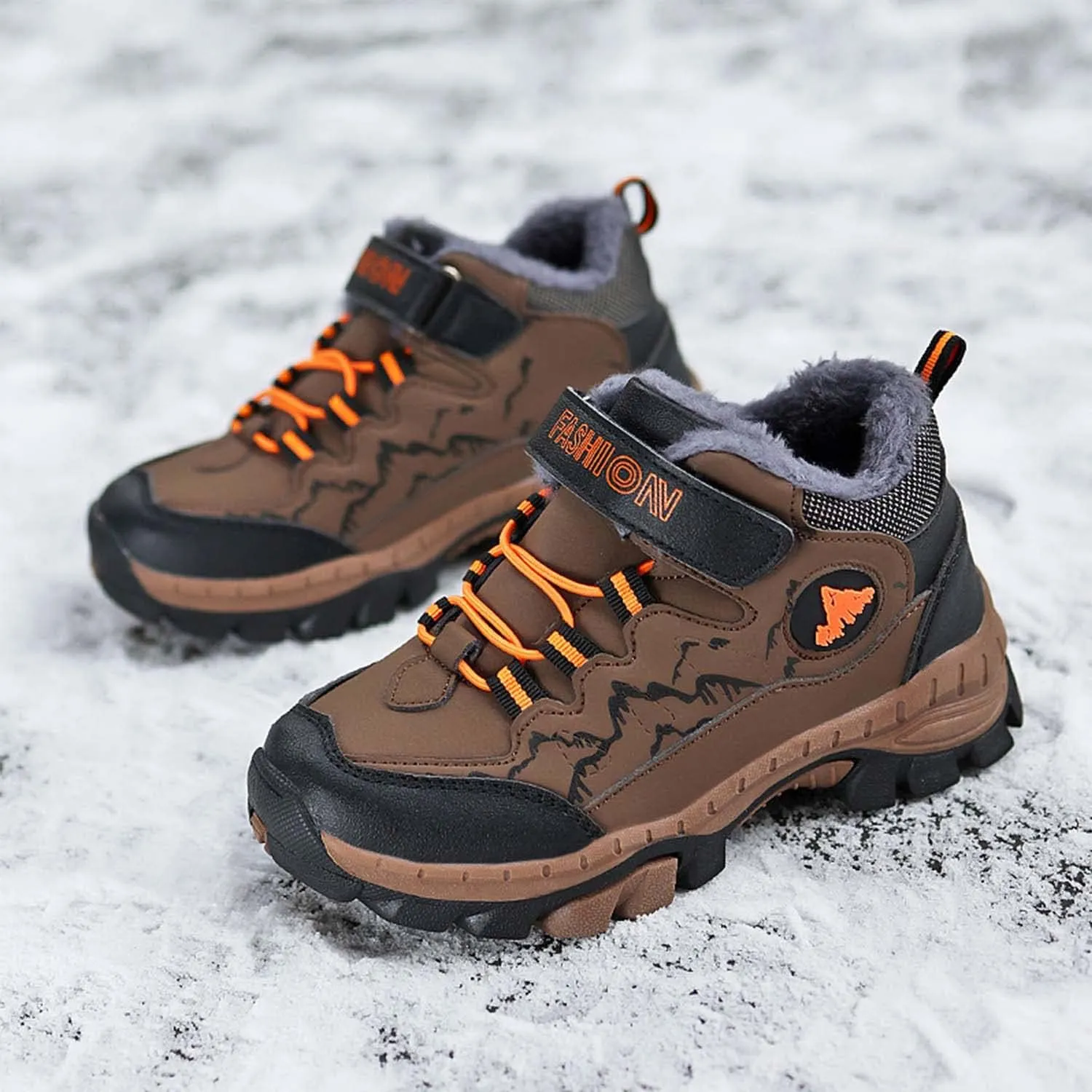 Kids Boys Girls Snow Hiking Boots Winter Plush Warm Ankle Boots Outdoor Waterproof Anti Skid Trekking Hiking Climbing Sneakers