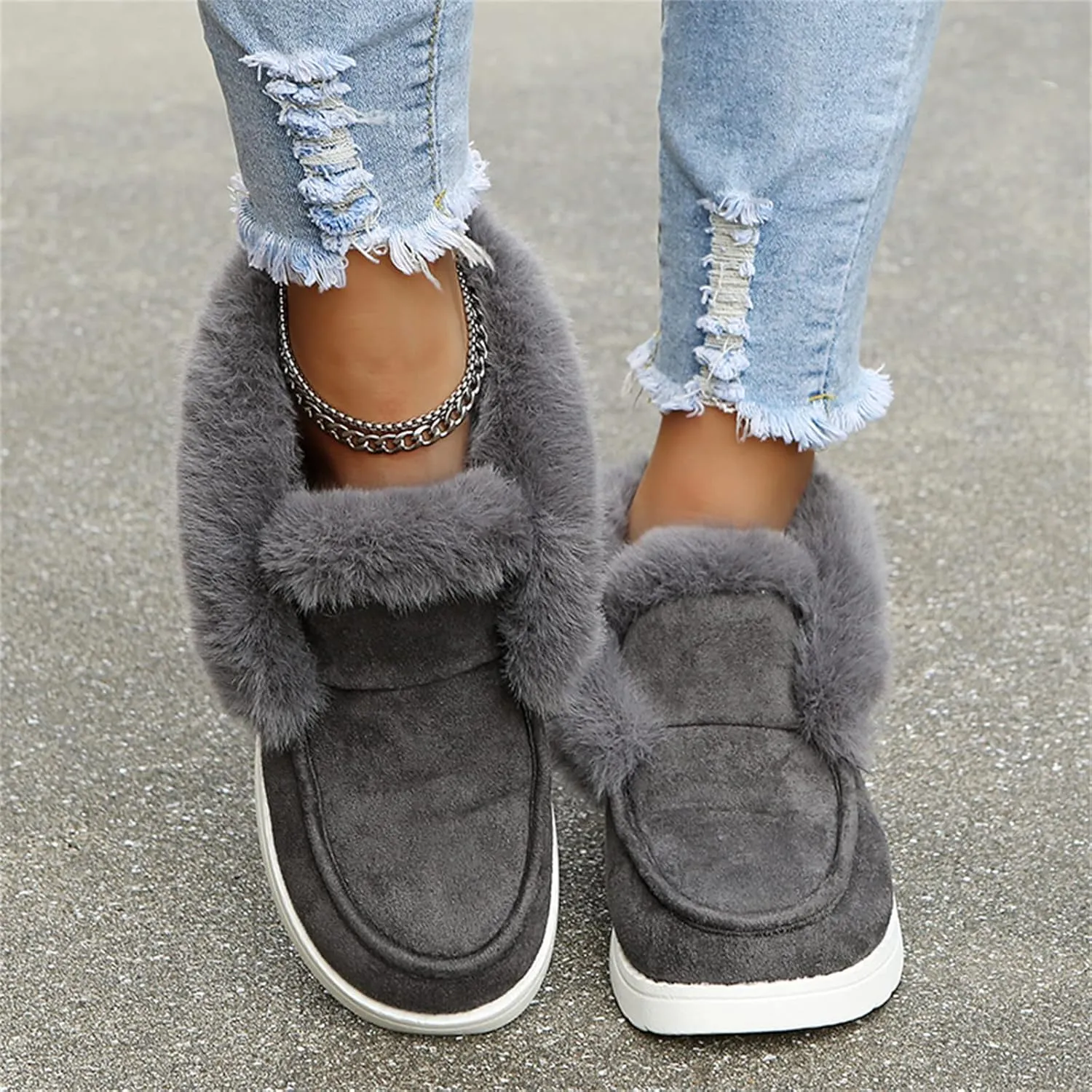 Ladmiple Boots for Women Ankle Booties with Fur Warm Winter Snow Boots Outdoor Slip On Comfortable Fashion Walking Shoes