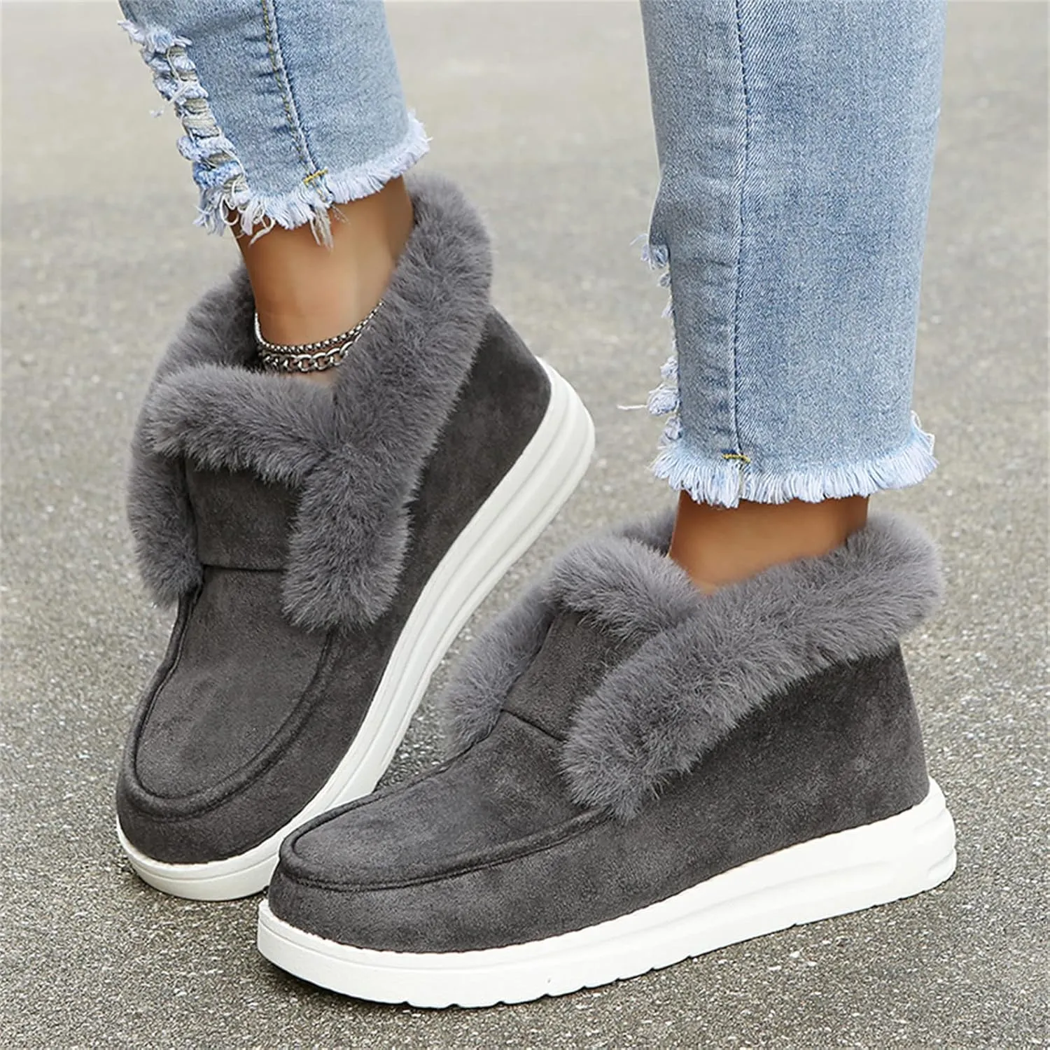 Ladmiple Boots for Women Ankle Booties with Fur Warm Winter Snow Boots Outdoor Slip On Comfortable Fashion Walking Shoes