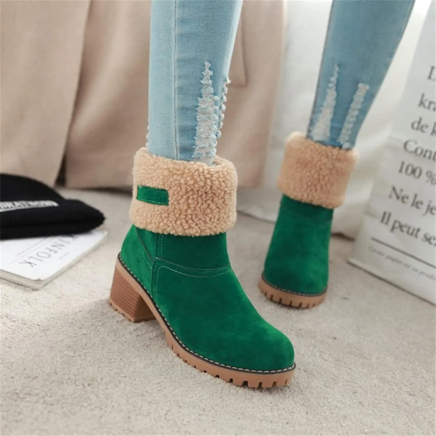 Ladmiple Winter Boots For Women Fashion Warm Faux Fur Lined Mid Calf Snow Boots Comfortable Walking Slip On Ankle Booties
