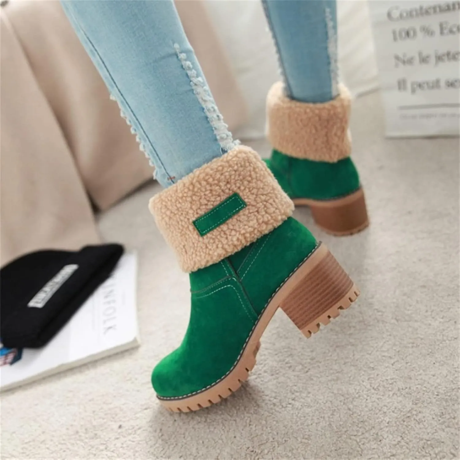 Ladmiple Winter Boots For Women Fashion Warm Faux Fur Lined Mid Calf Snow Boots Comfortable Walking Slip On Ankle Booties