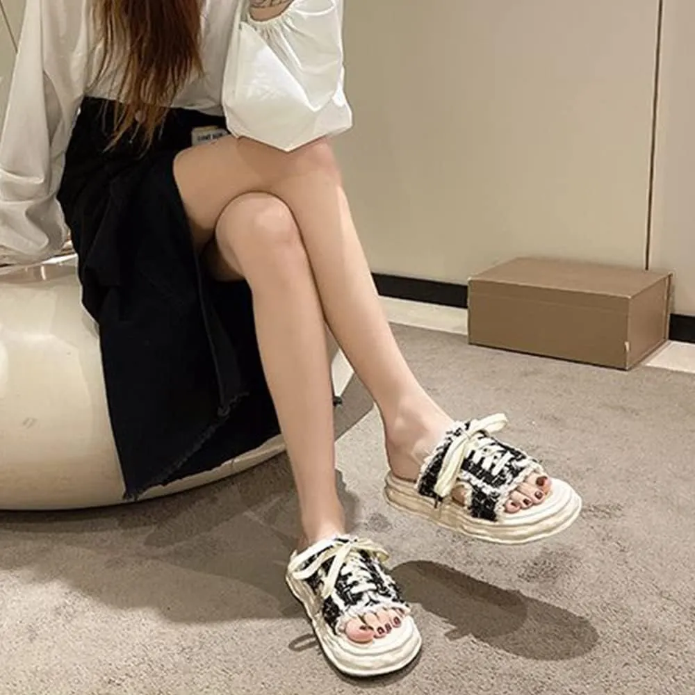 LAPRBY Women's Sandals Open-toe Denim In Backless Canvas Shoes Step on Cloud Platform Sandals
