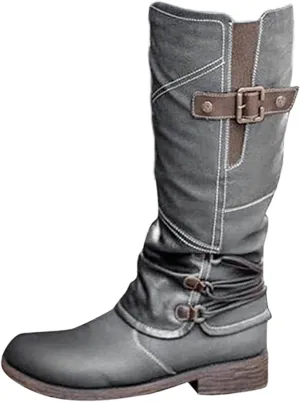 Lausiuoe Boots For Women Low Heel Mid Calf Side Zipper Slouchy Western Cowboy Booties Winter Warm Non Slip Platform Outdoor Shoes