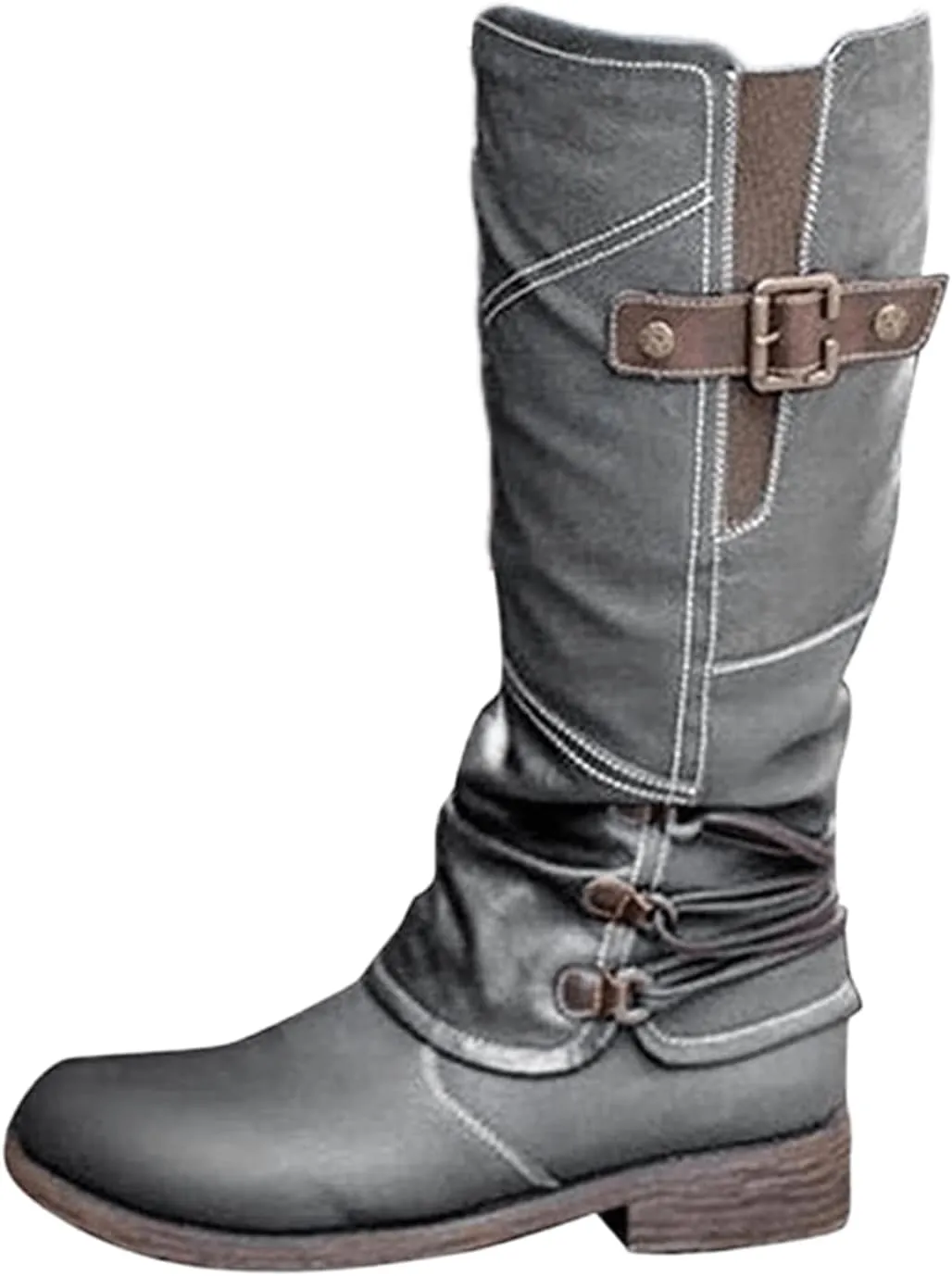 Lausiuoe Boots For Women Low Heel Mid Calf Side Zipper Slouchy Western Cowboy Booties Winter Warm Non Slip Platform Outdoor Shoes