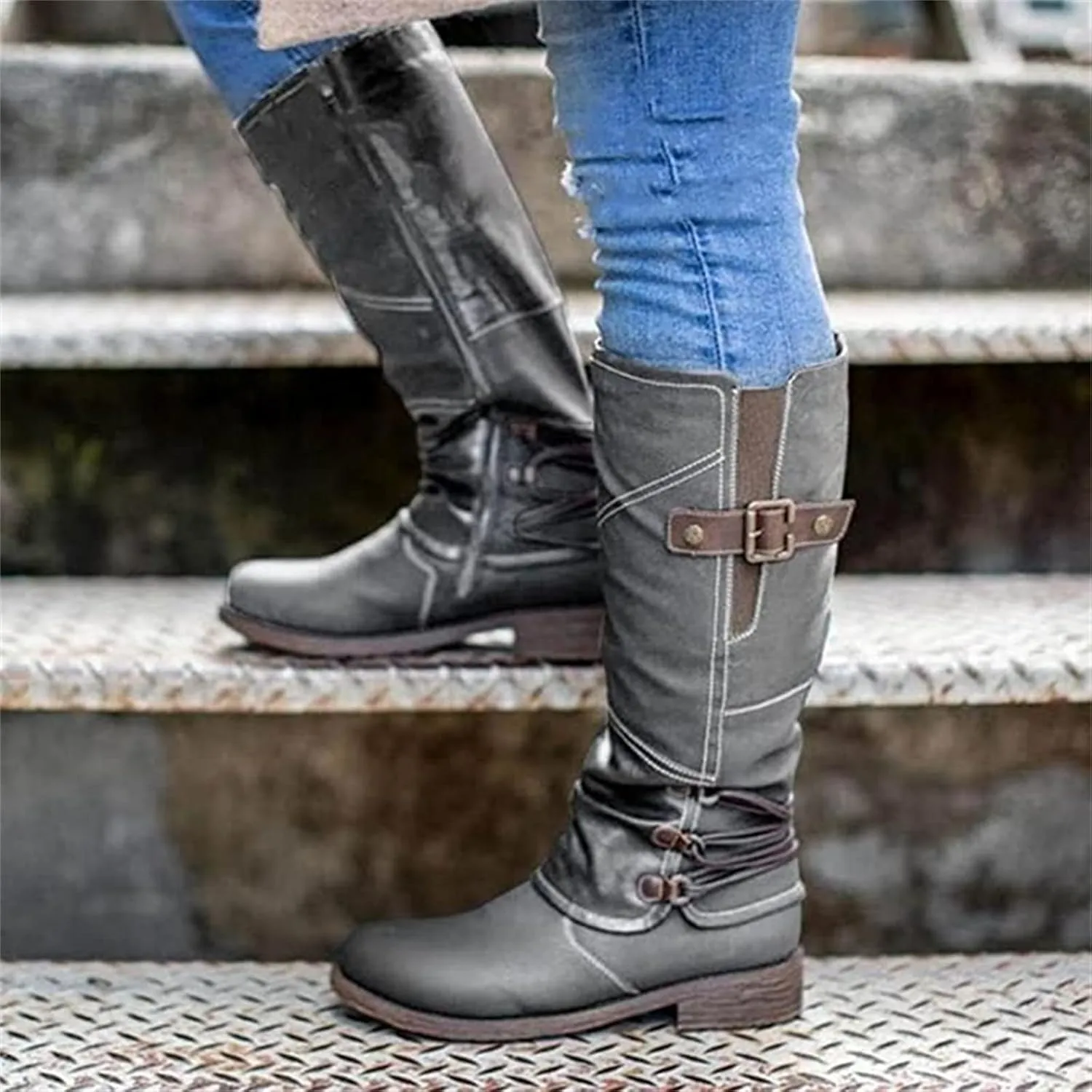 Lausiuoe Boots For Women Low Heel Mid Calf Side Zipper Slouchy Western Cowboy Booties Winter Warm Non Slip Platform Outdoor Shoes