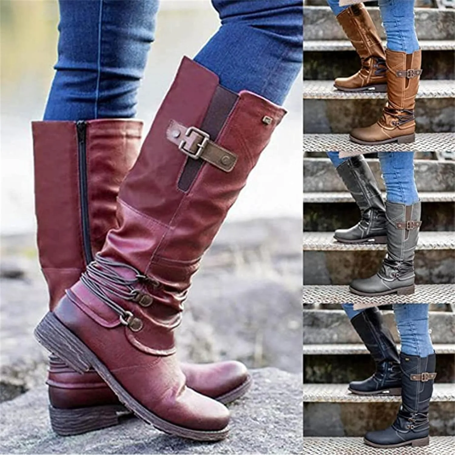 Lausiuoe Boots For Women Low Heel Mid Calf Side Zipper Slouchy Western Cowboy Booties Winter Warm Non Slip Platform Outdoor Shoes