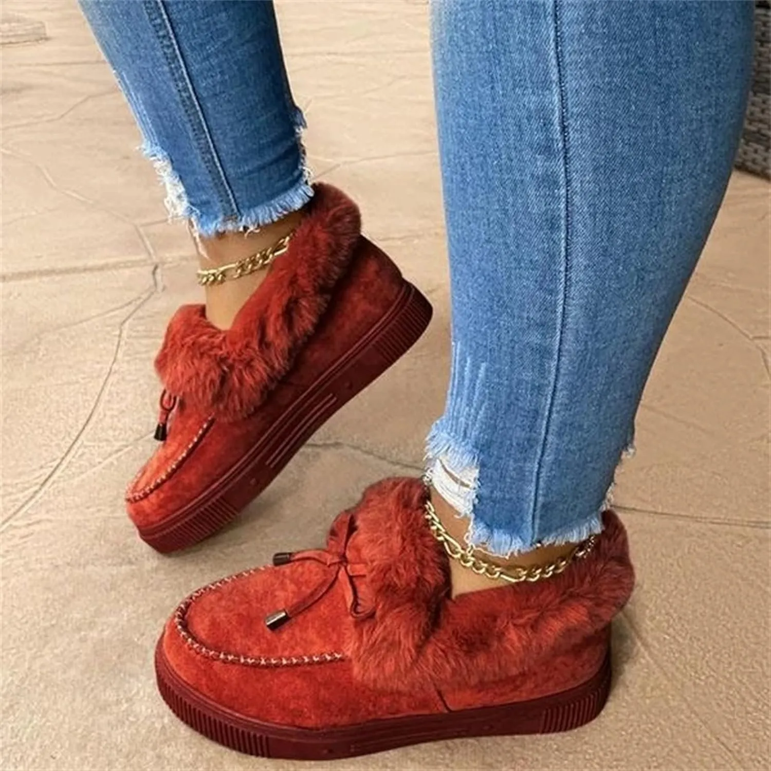 Lausiuoe Winter Boots For Women 2022 With Fur Ankle Booties Slip On Comfortable Casual Snow Fuzzy Walking Shoes Loafers