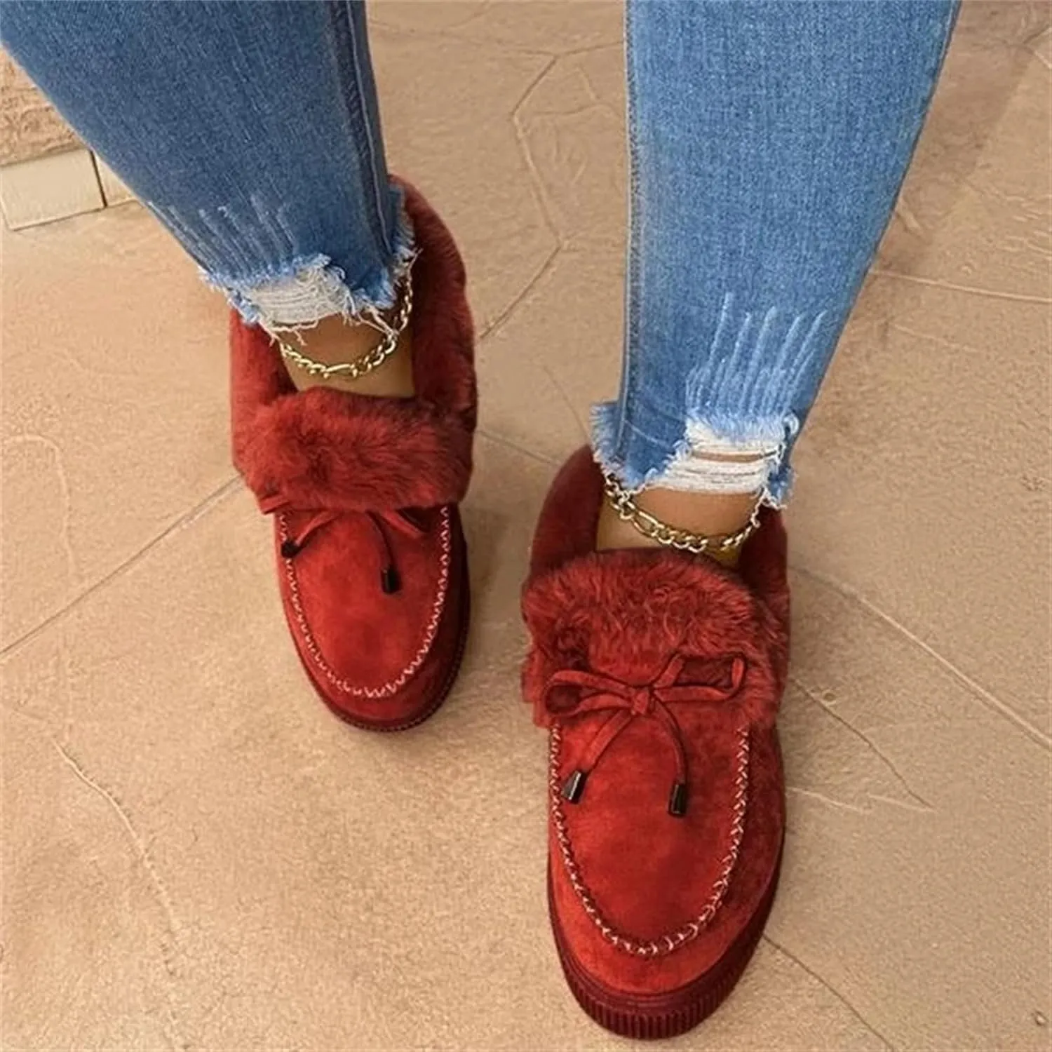Lausiuoe Winter Boots For Women 2022 With Fur Ankle Booties Slip On Comfortable Casual Snow Fuzzy Walking Shoes Loafers