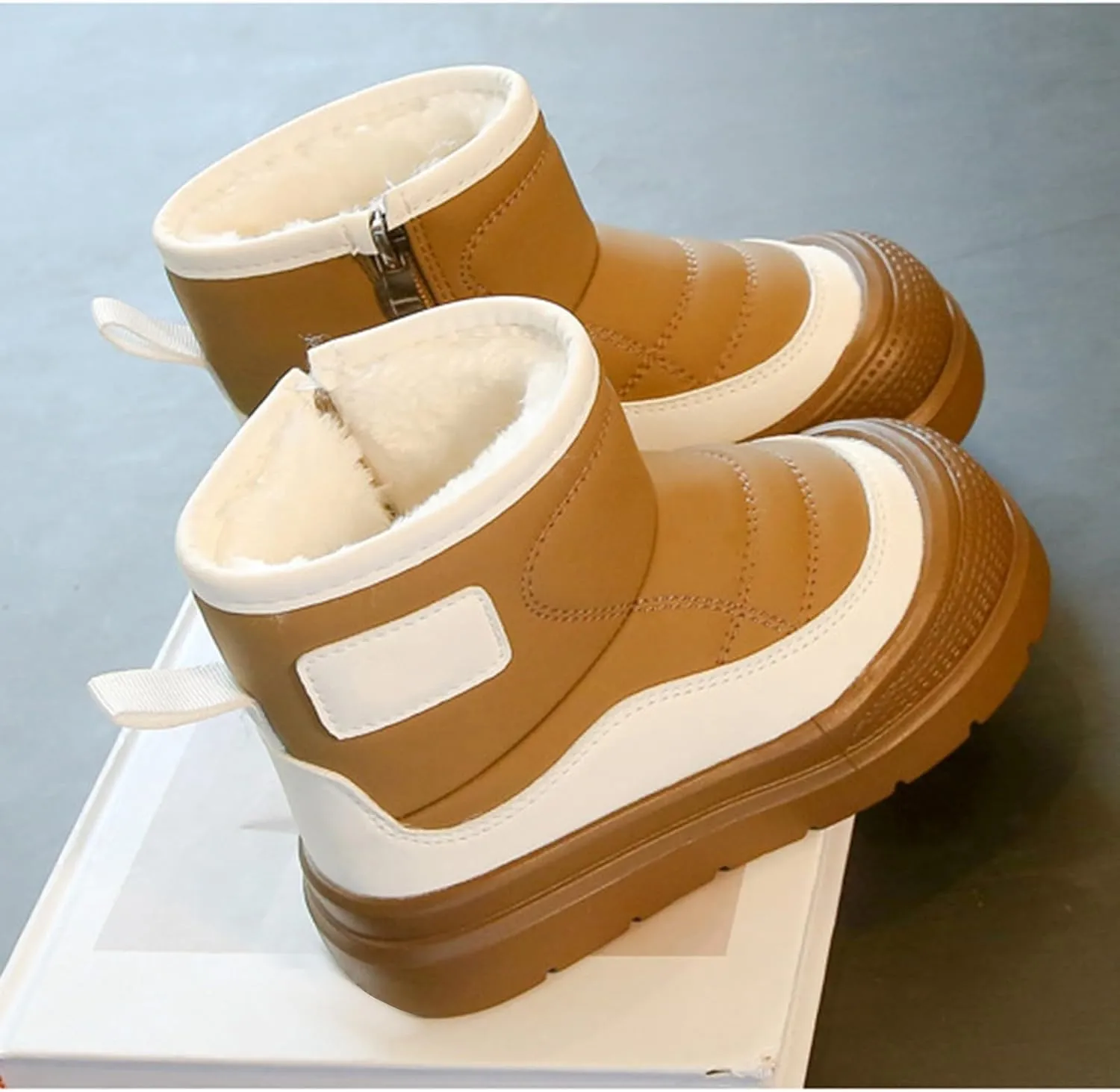 Leather Soft Sole Snow Booties Shoes For Toddler Side Zipper Flat Shoes Boots Kids Unisex Fleece Fuzzy Lined Warm Shoes