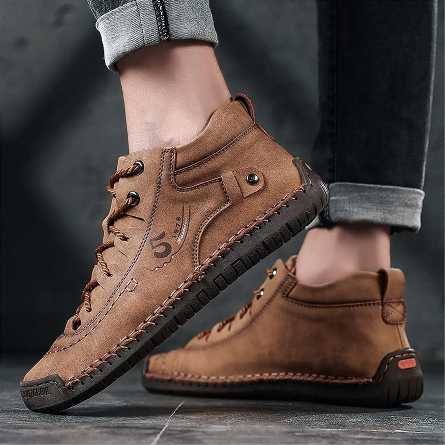 Mens Chukka Boots Casual Leather Shoes Lace up Slip on Lightweight Loafers Mid Top Walking Driving Shoe