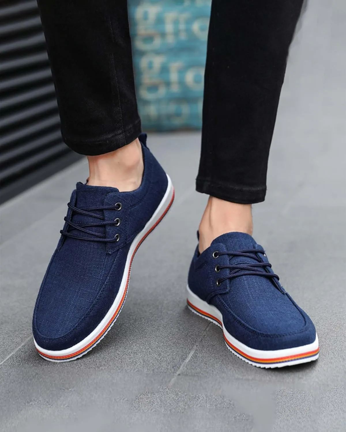 Men's Fashion Loafers Breathable Canvas Shoes Comfortable Round Toe Sneakers Low Top Lace Up Casual Shoes