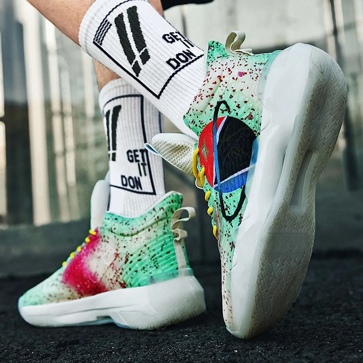 Men's Neutral Fluorescent Basketball Shoes Women's Shoes Super Light Sneakers high top Graffiti Style Combat Shoes