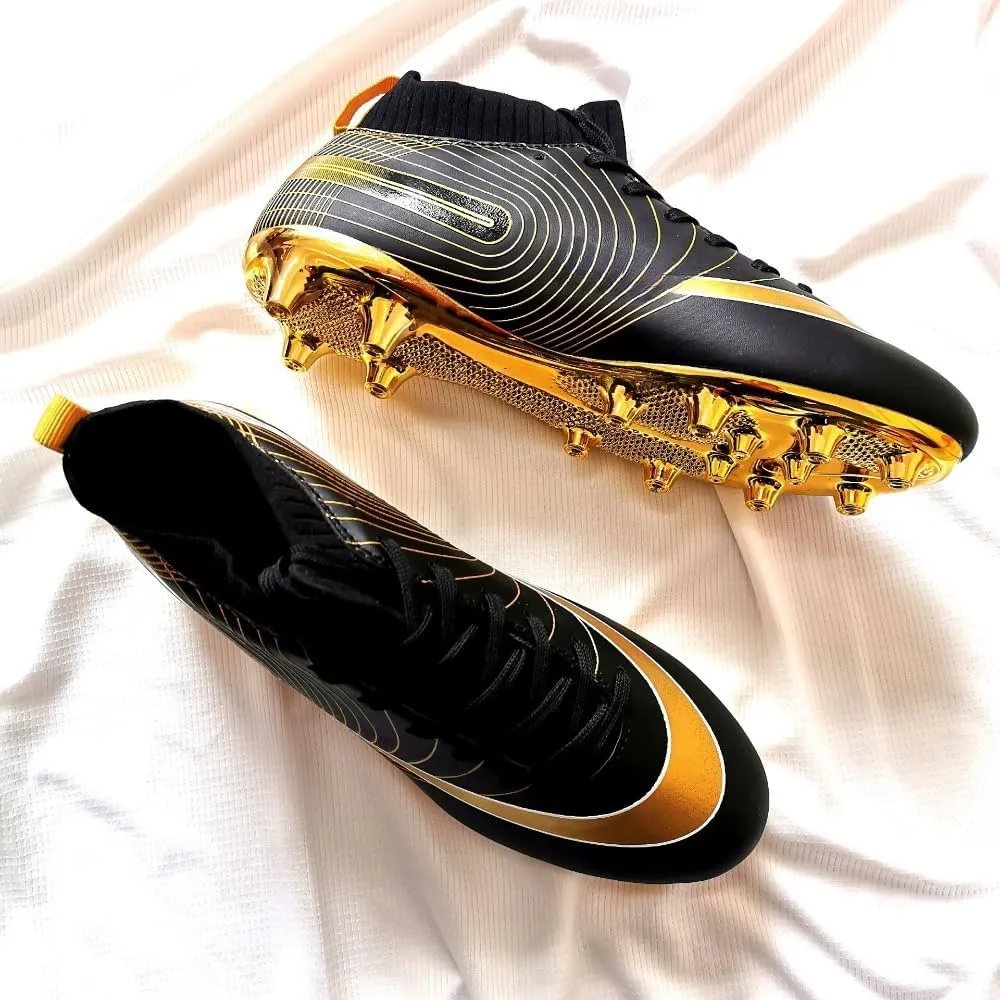 Men's Soccer Cleats High-Top Unisex Football Boots with Golden Soled Spikes for Outdoor and Indoor Training and Athletic Performance