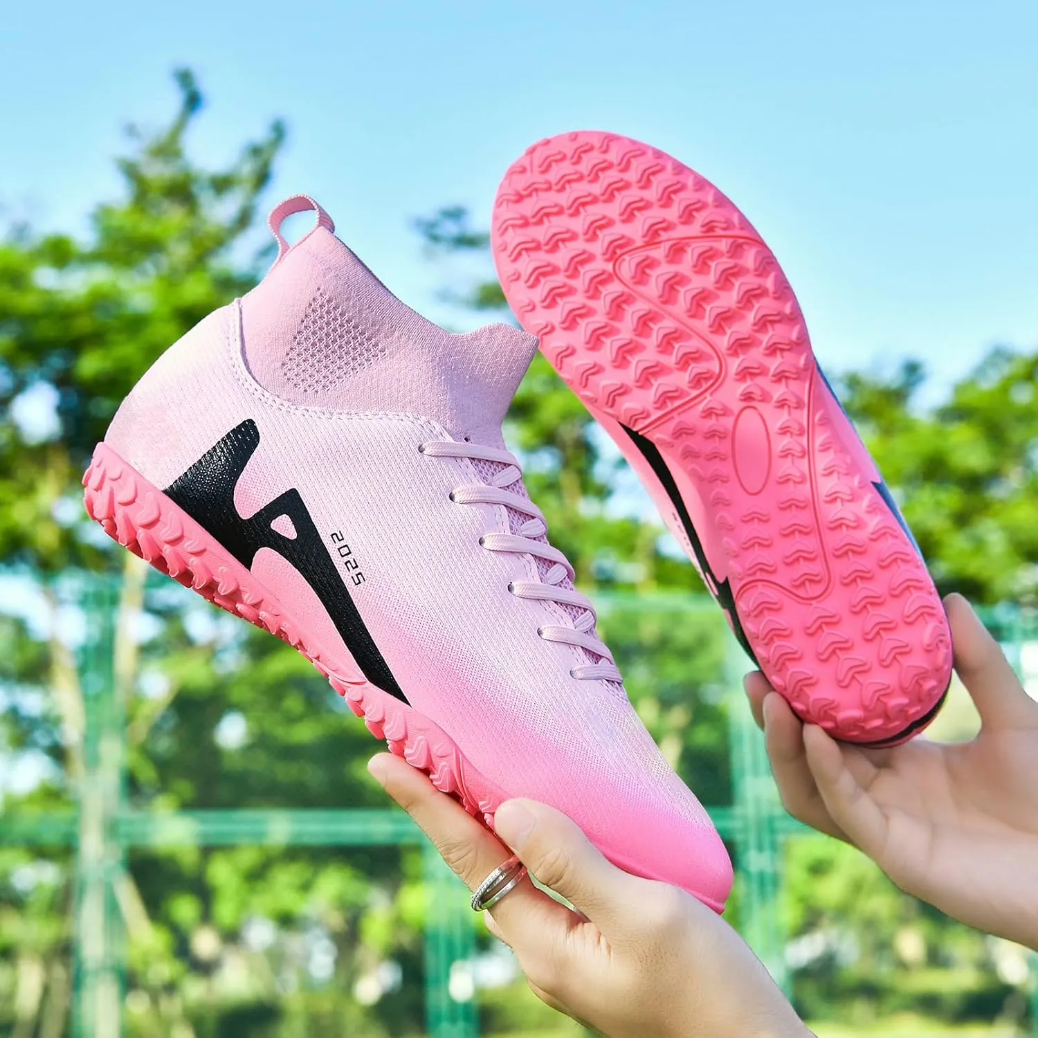 Men's Soccer Shoes High-Tops Lace-Up Non-Slip Spikes Indoor Football Futsal TF Turf Cleats