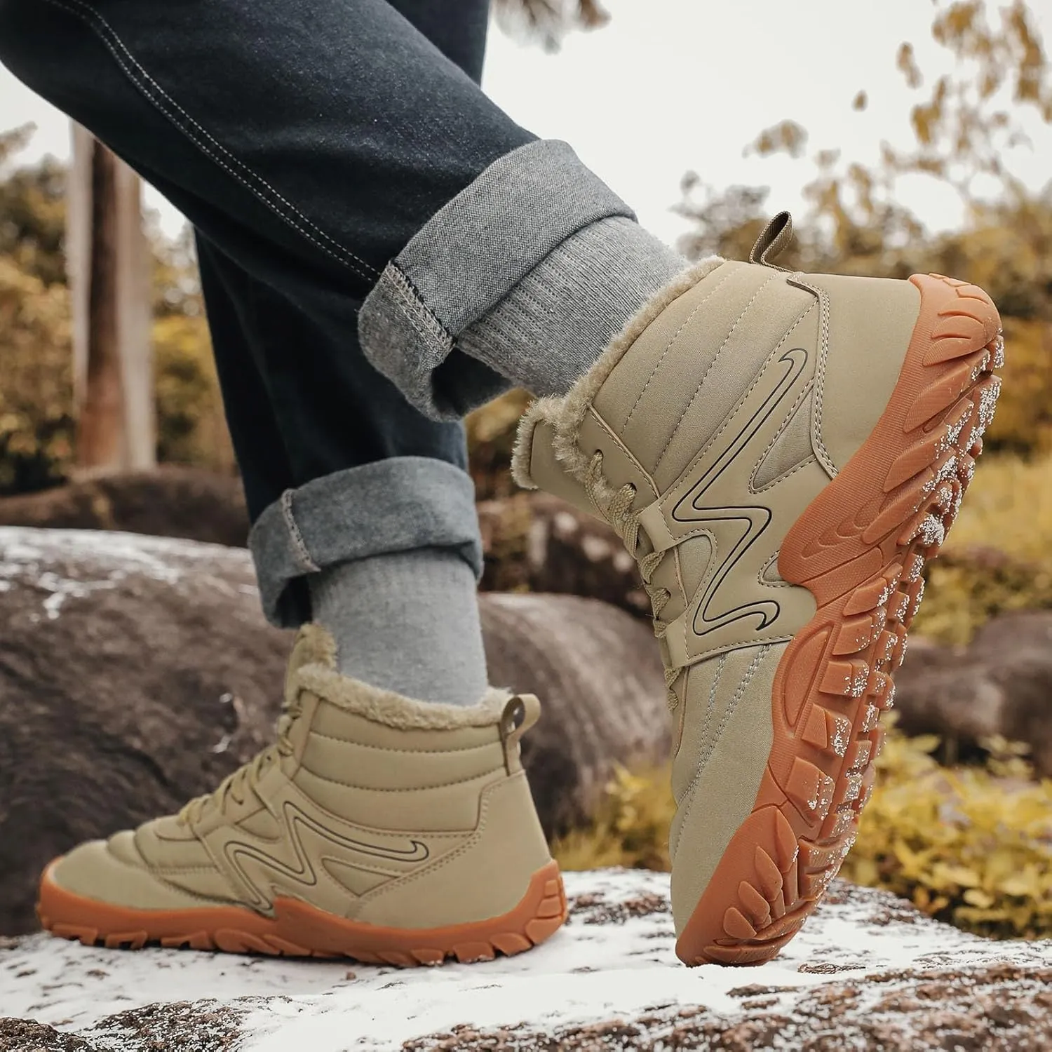 Mens Womens Winter Hiking Boots Wide Toe Box Warm Snow Boots Minimalist Barefoot Boots Zero Drop Sole Waterproof Non-Slip Ankle Booties