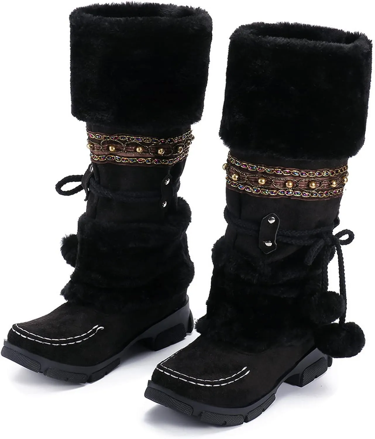 Mid Calf Boots For Women,Women's Long Winter Snow Boots Boho Ethnic Style Fuzzy Plush Fur Lined Knee High Boots Suede Pull On Square Toe Thick Sole Platform Tall Booties Warm Cozy Cute