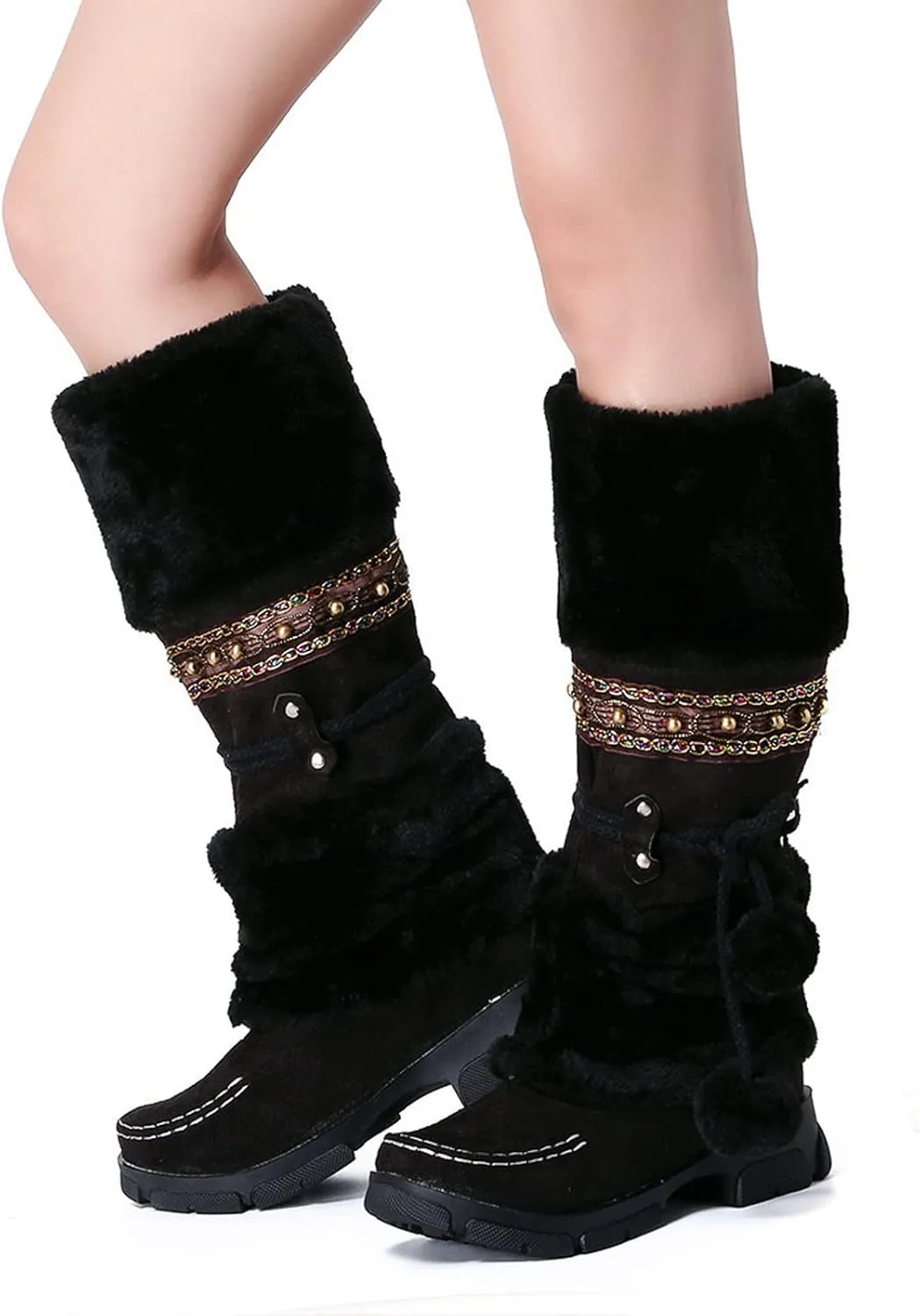 Mid Calf Boots For Women,Women's Long Winter Snow Boots Boho Ethnic Style Fuzzy Plush Fur Lined Knee High Boots Suede Pull On Square Toe Thick Sole Platform Tall Booties Warm Cozy Cute