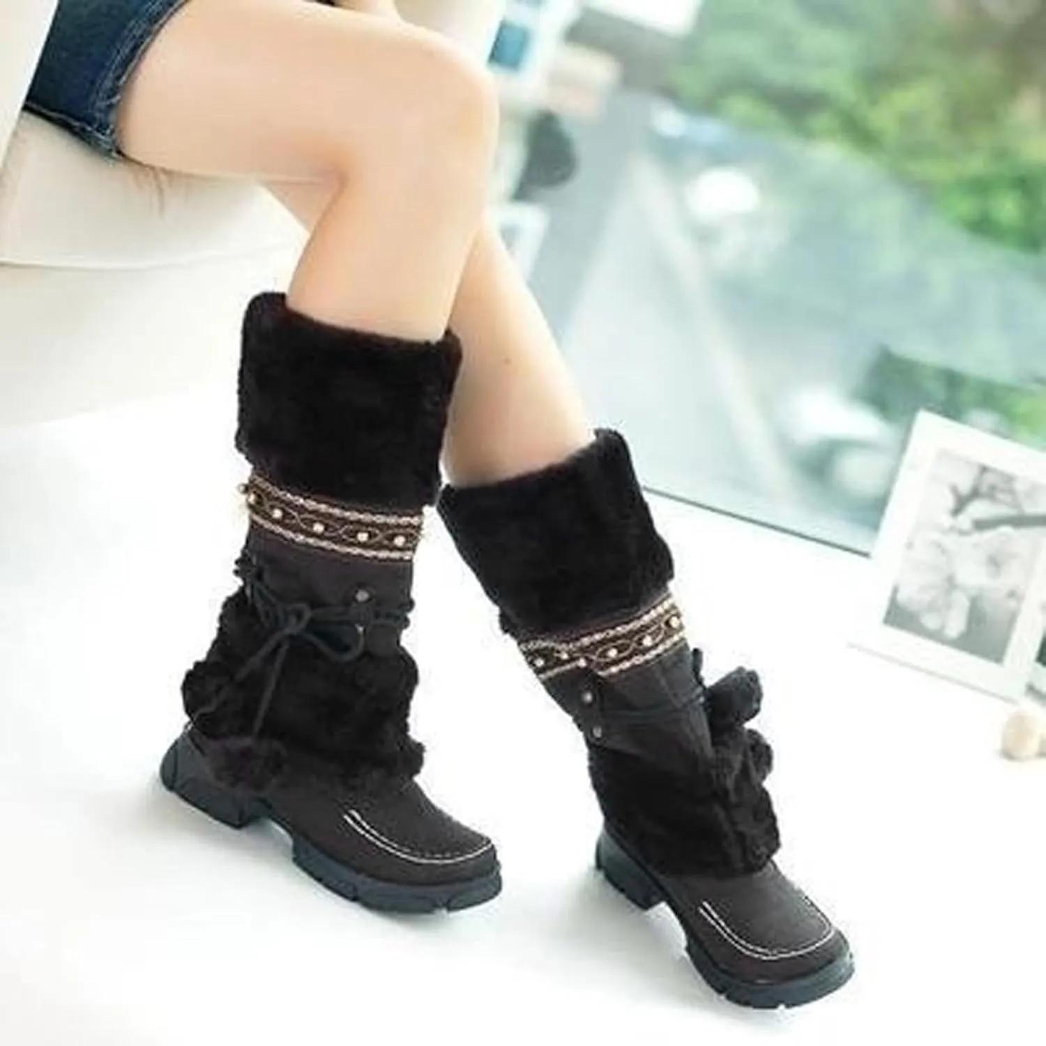Mid Calf Boots For Women,Women's Long Winter Snow Boots Boho Ethnic Style Fuzzy Plush Fur Lined Knee High Boots Suede Pull On Square Toe Thick Sole Platform Tall Booties Warm Cozy Cute
