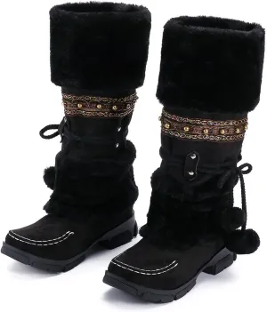 Mid Calf Boots For Women,Women's Long Winter Snow Boots Boho Ethnic Style Fuzzy Plush Fur Lined Knee High Boots Suede Pull On Square Toe Thick Sole Platform Tall Booties Warm Cozy Cute