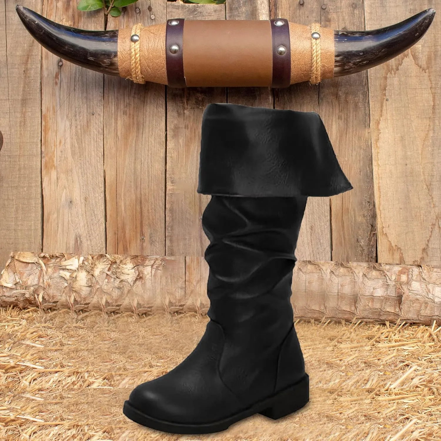 Mid CalfBoots for Women Low Heel,Stylish Flanging Renaissance Shoes GothicFaux Leather Boots Pull On Pirate Boots