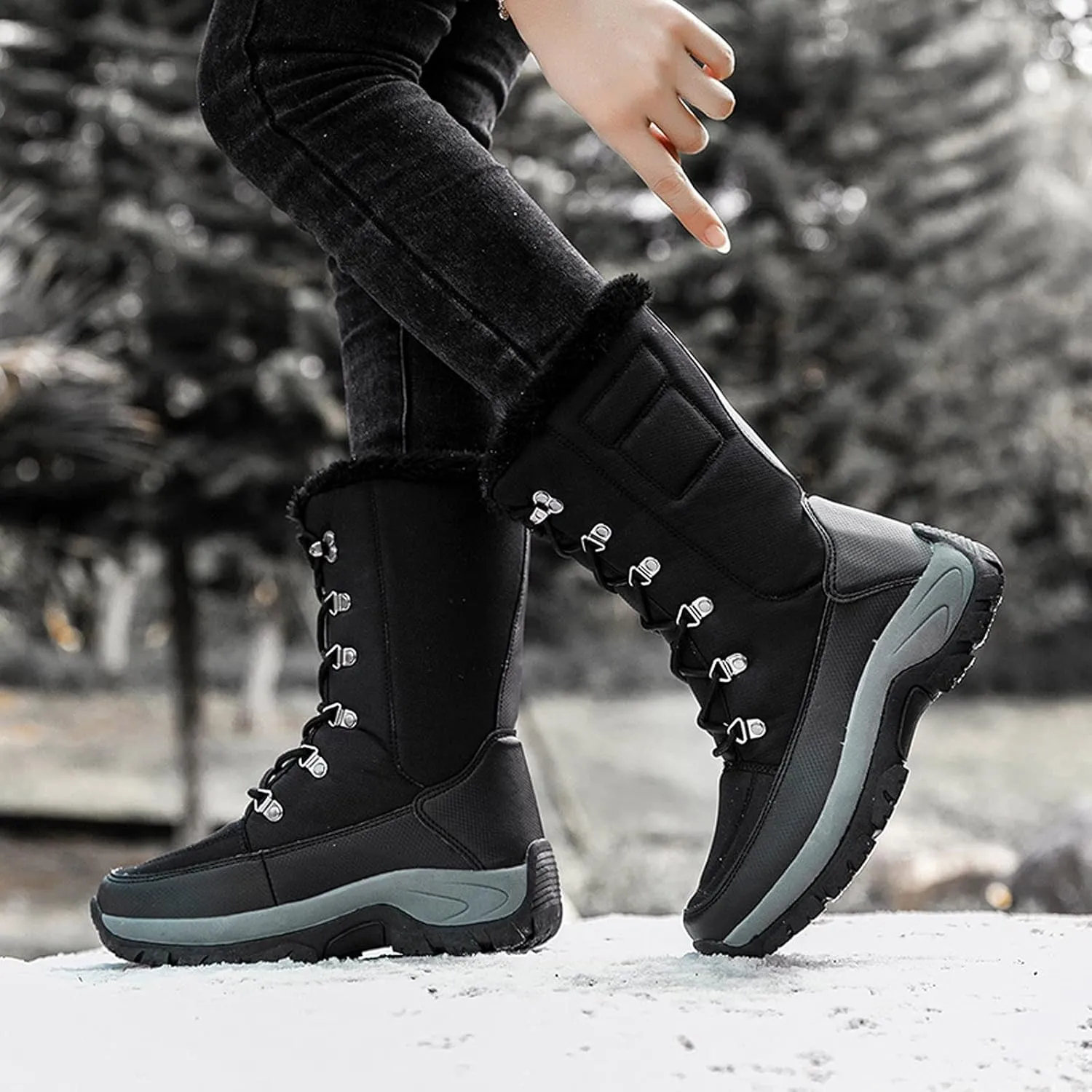 peqiut Womens Snow Boots Winter Snow Shoes Solid Round Toe Warm Winter Ankle Boots Non Slip Lace Up Outdoor Booties Comfort